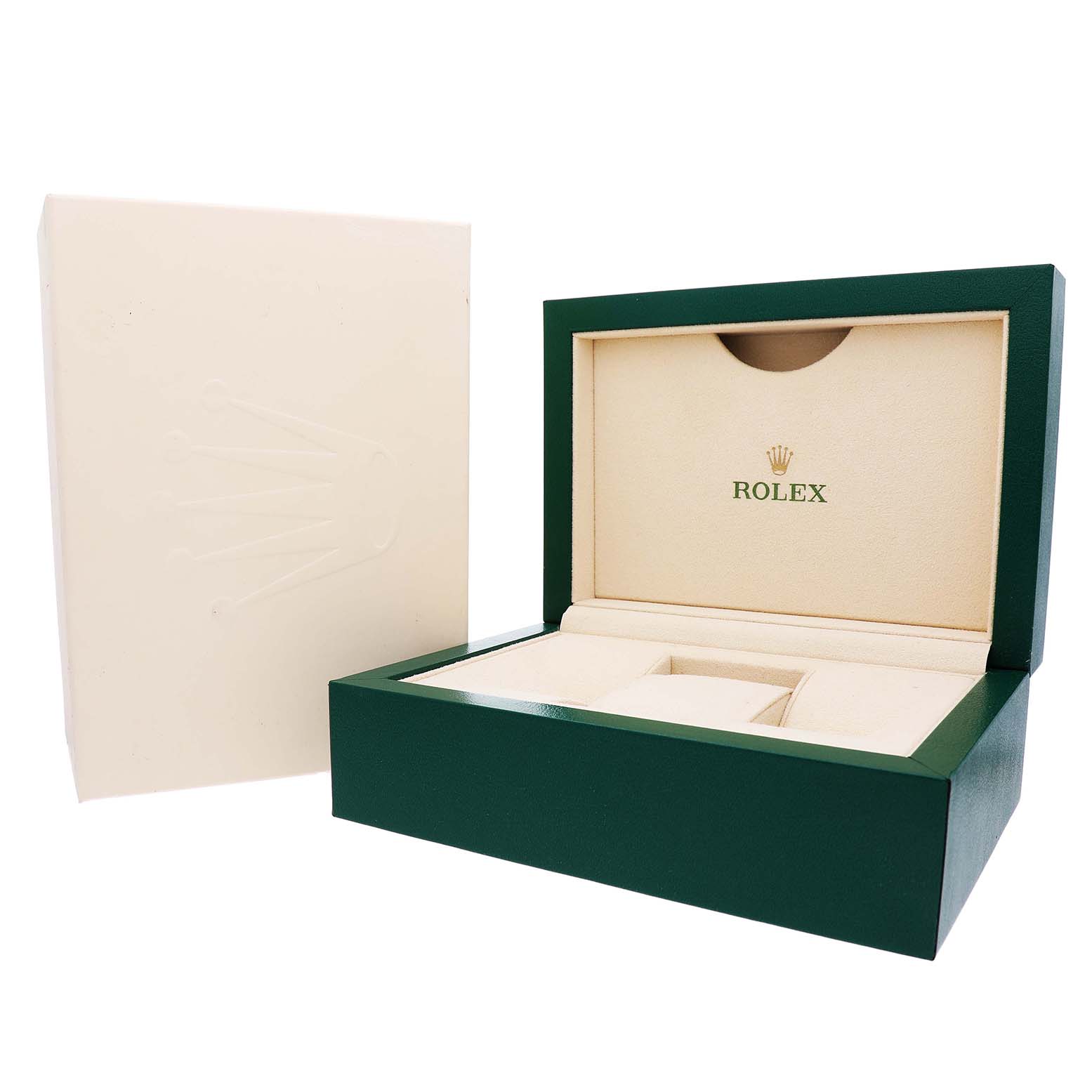 The image shows an open green and beige Rolex watch box for the GMT-Master model, with a textured outer box beside it.