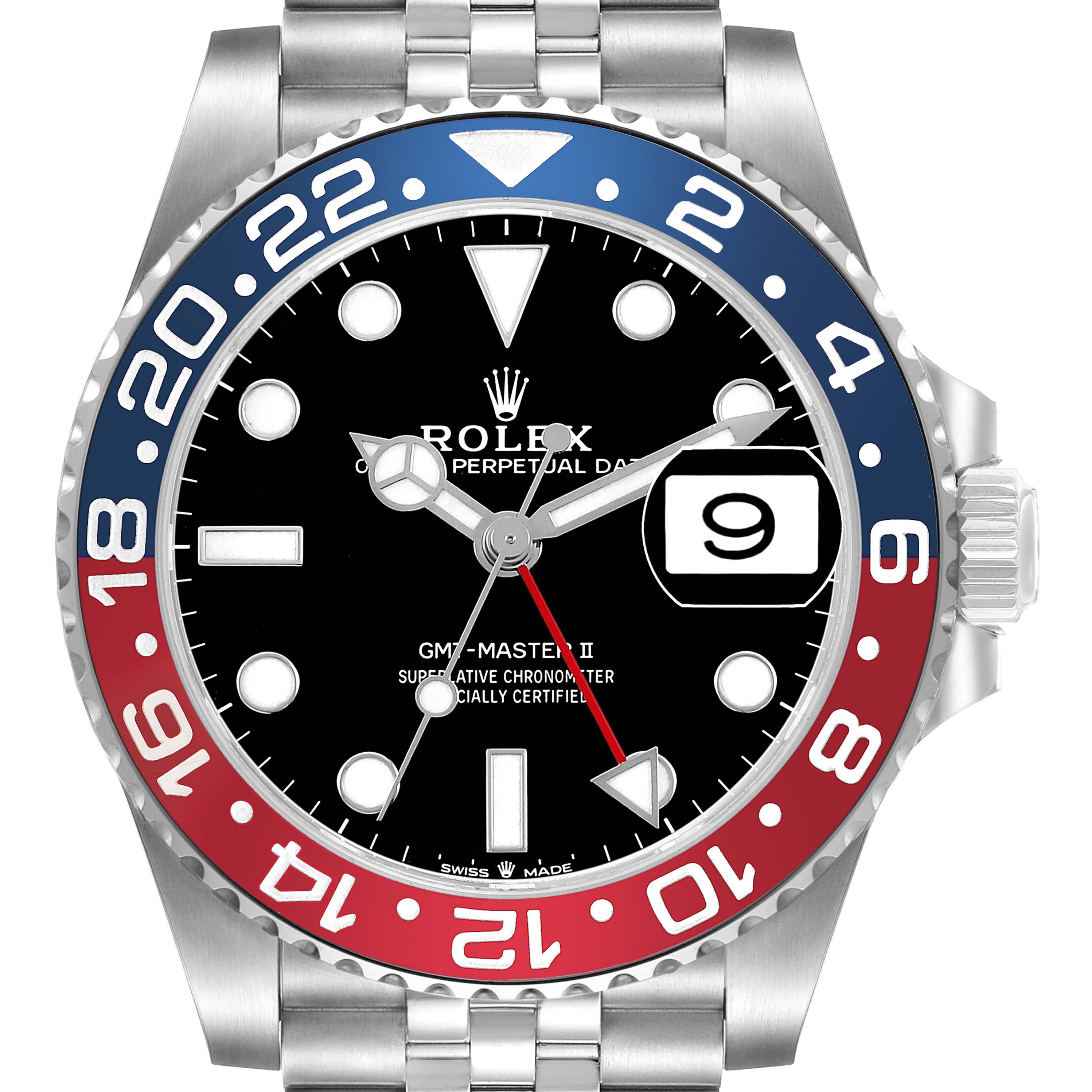 The Rolex GMT-Master 126710BLRO Men's Stainless Steel Black Dial watch is shown from a front angle, highlighting its dial, bezel, and bracelet.