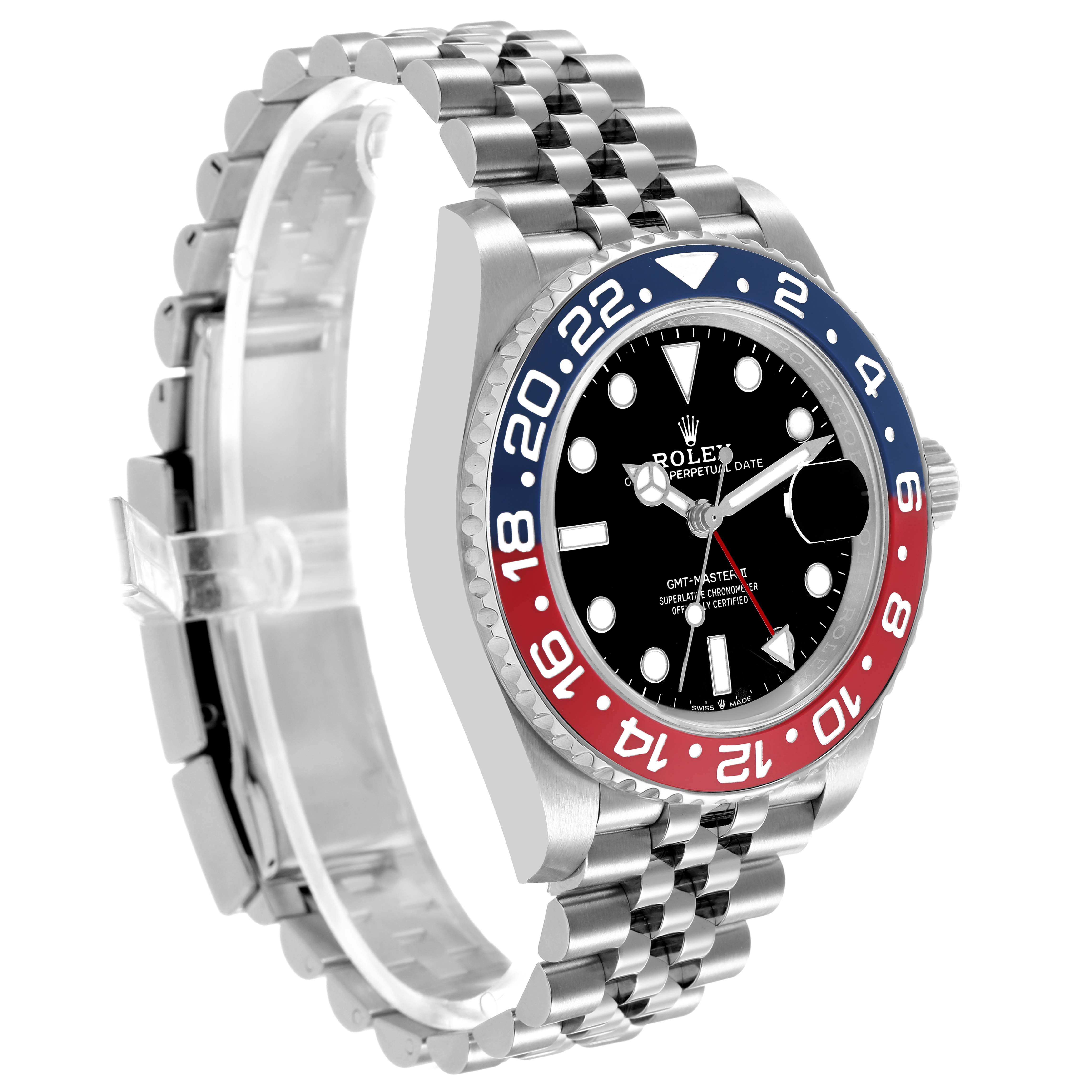 The Rolex GMT-Master 126710BLRO Men's Stainless Steel Black Dial watch is shown at an angled side view, highlighting the bezel, dial, and bracelet.