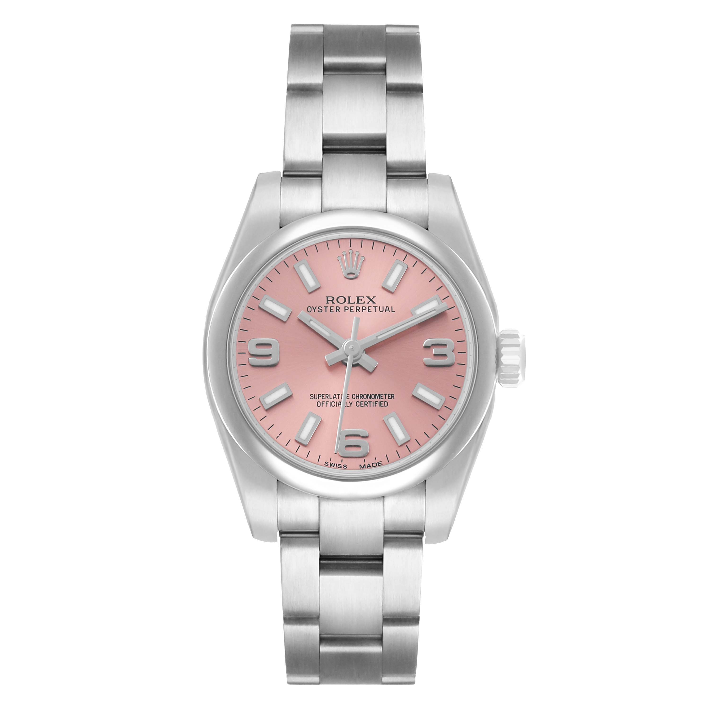 The Rolex Oyster Perpetual 176200 Women's Stainless Steel Pink Dial watch is shown from the front, displaying the pink dial, hands, bracelet, and crown.