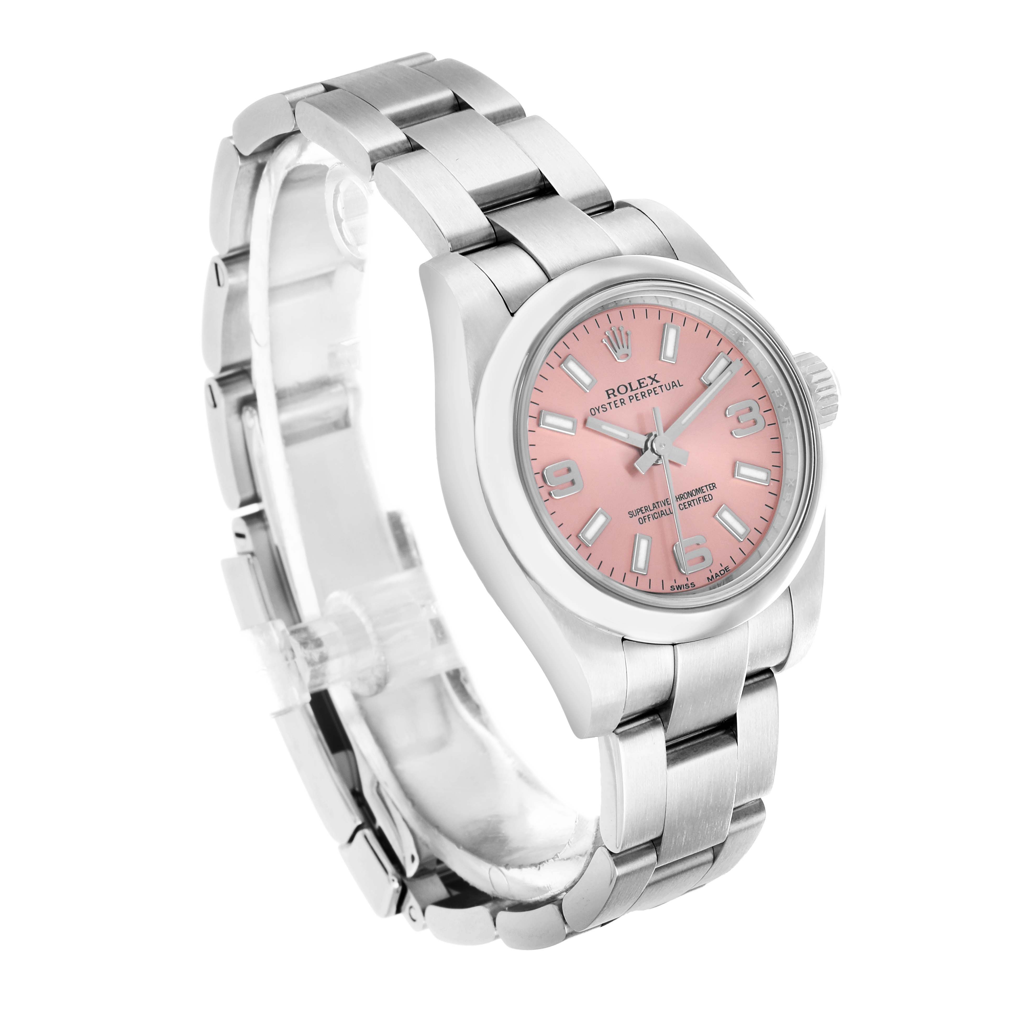 The Rolex Oyster Perpetual 176200 Women's Stainless Steel Pink Dial watch is shown at an angled side view, highlighting its pink dial, bezel, case, and bracelet.