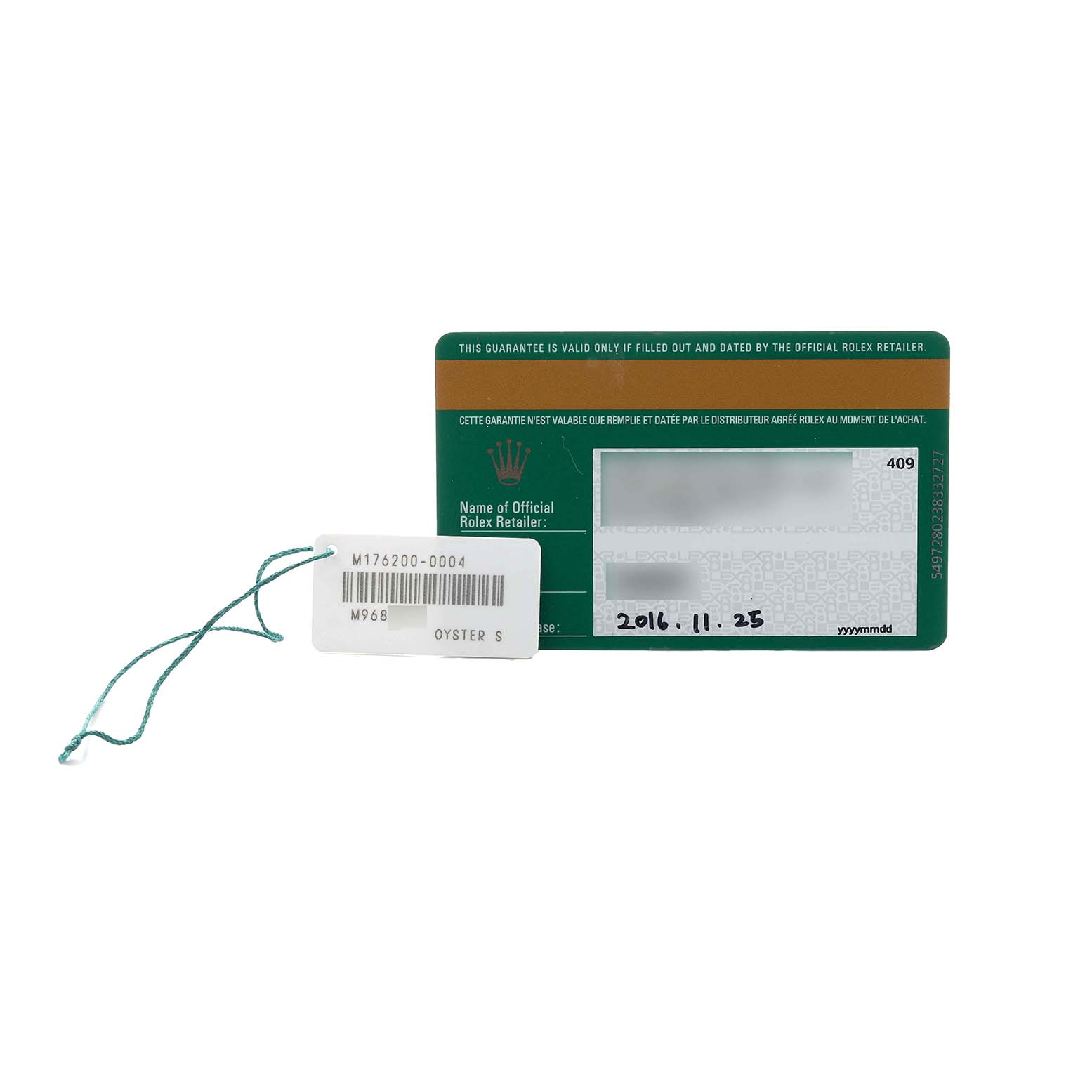 The image shows a Rolex Oyster Perpetual 176200 Women's Stainless Steel Pink Dial warranty card and a hang tag with model and serial numbers visible.