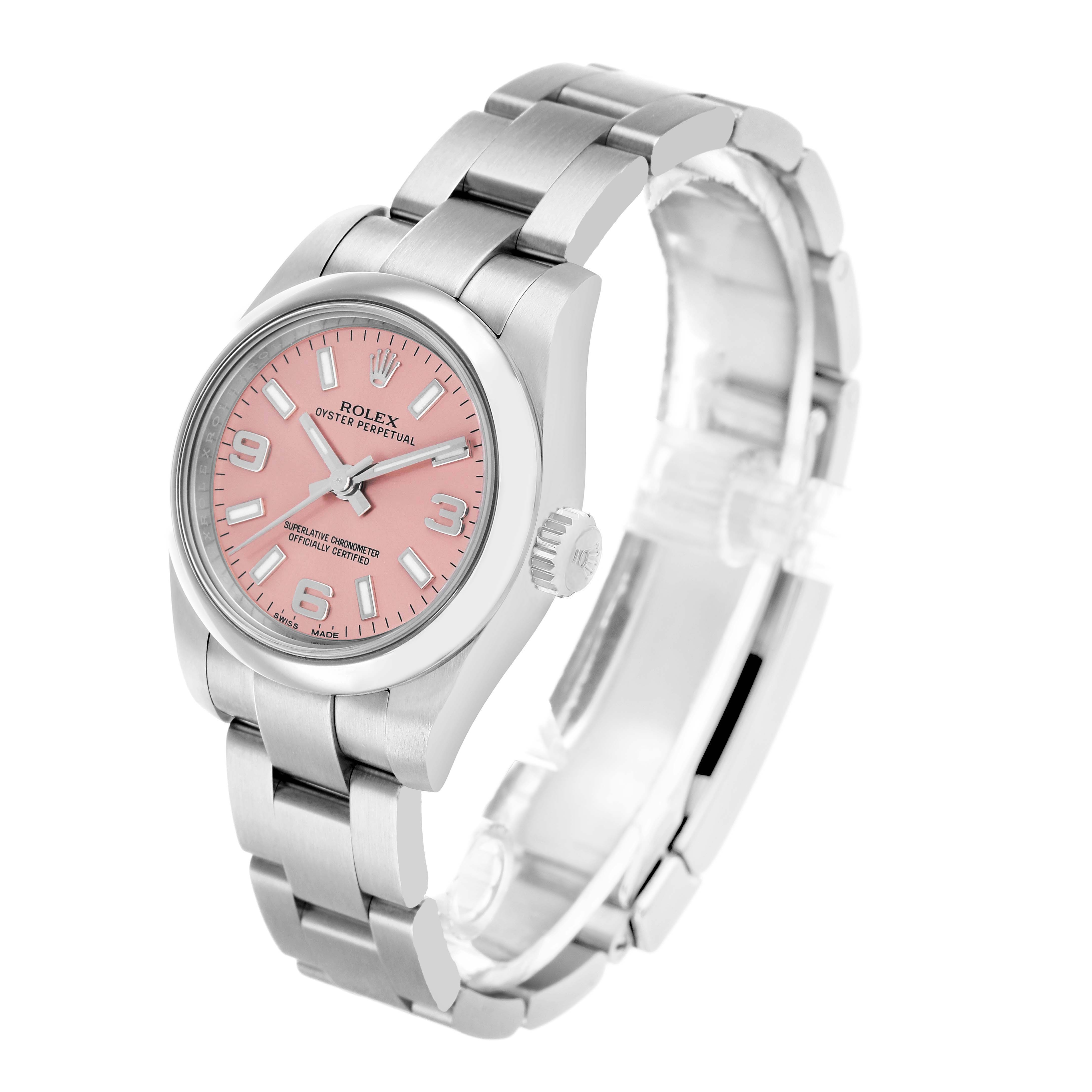 The Rolex Oyster Perpetual 176200 Women's Stainless Steel Pink Dial watch is shown from an angled side view, displaying the dial, case, bracelet, and crown.