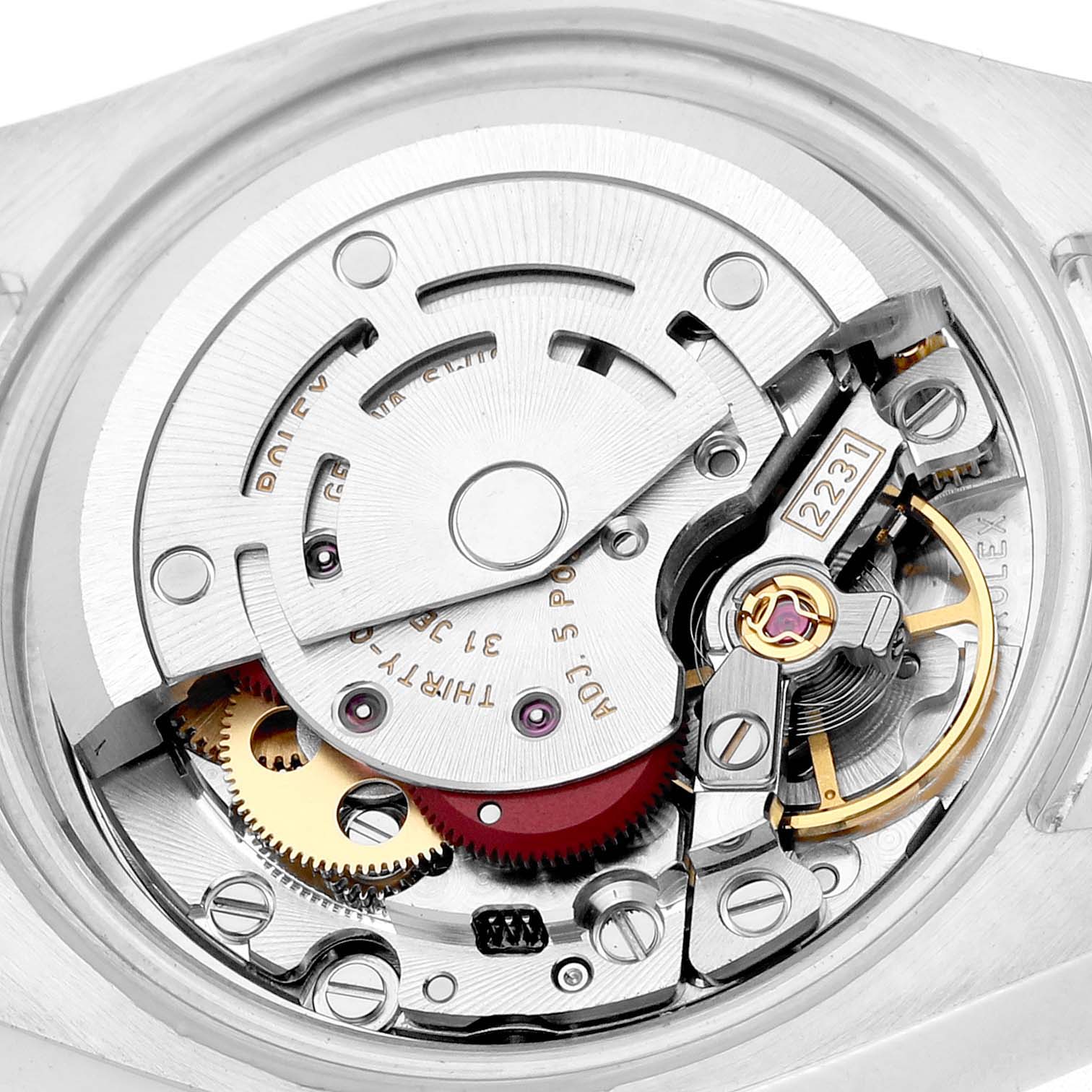 The image shows the movement and internal components of a Rolex Oyster Perpetual 176200 Women's Stainless Steel Pink Dial watch from the back angle.