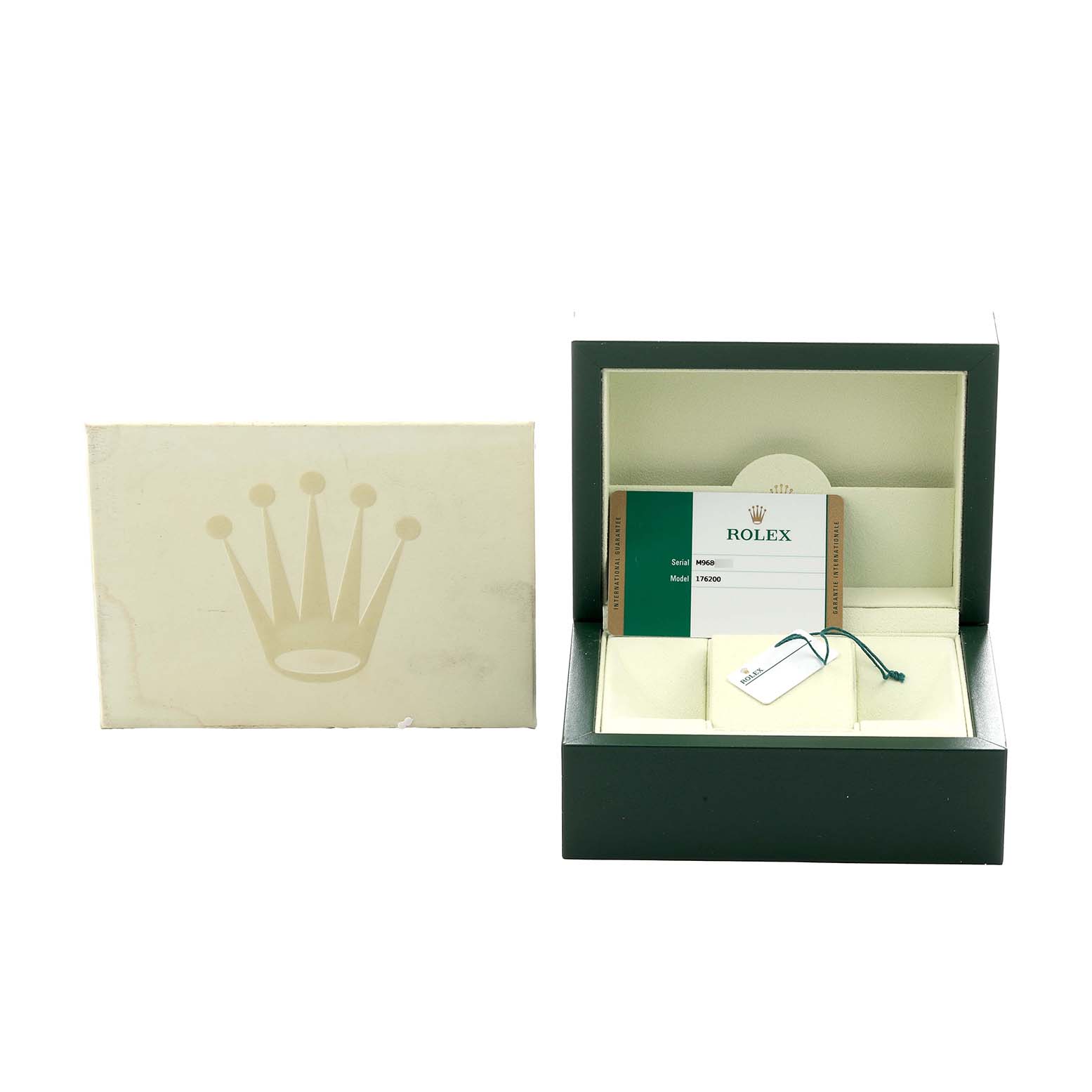 The image shows the open box, card, and tag for a Rolex Oyster Perpetual 176200 Women's Stainless Steel Pink Dial watch.