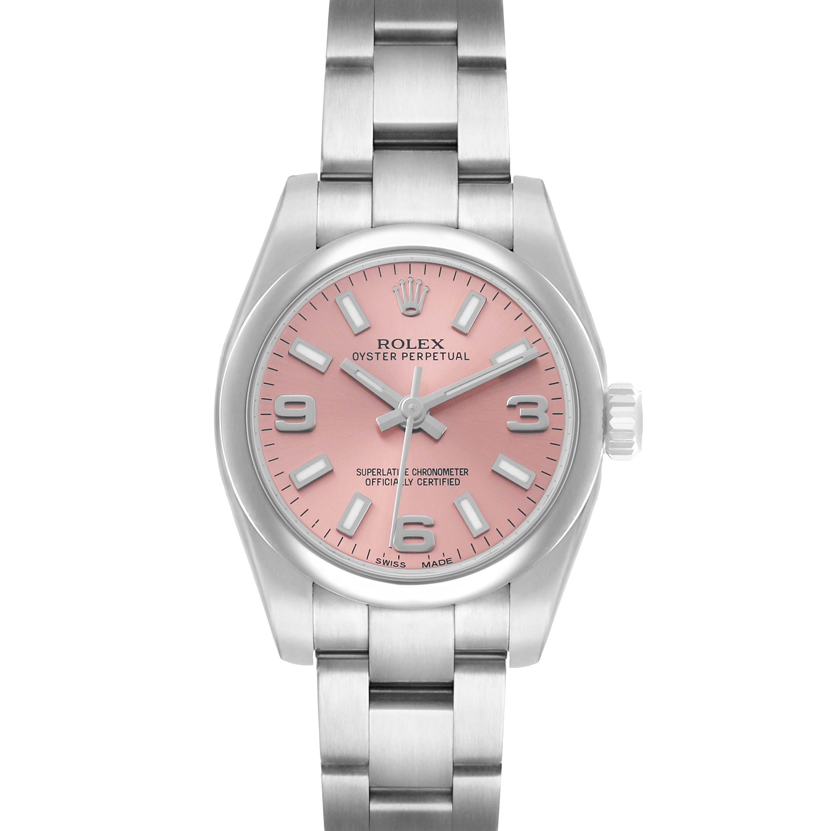 The Rolex Oyster Perpetual 176200 Women's Stainless Steel Pink Dial watch is shown from the front, highlighting its pink dial, hands, bracelet, and crown.