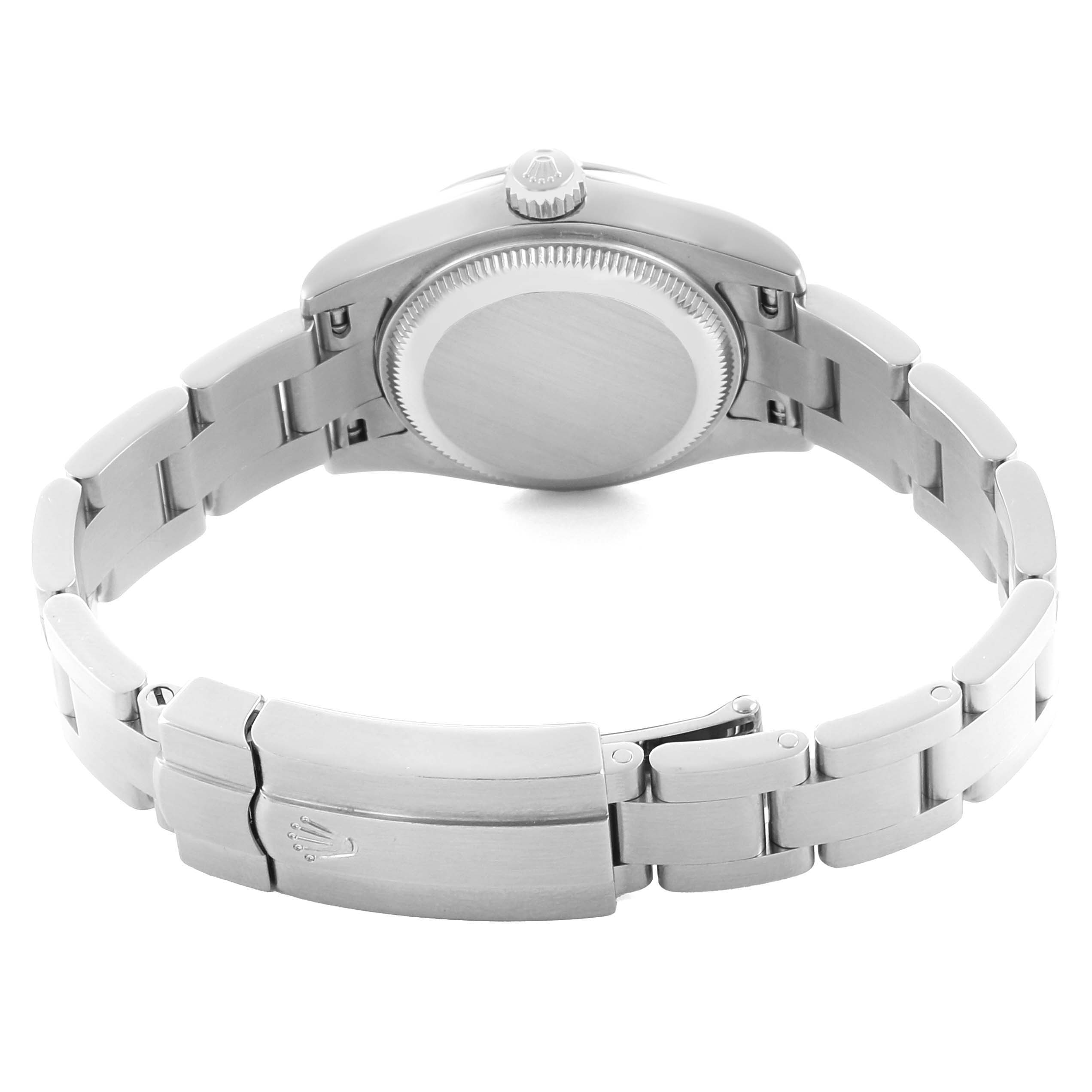 The image shows the back of the Rolex Oyster Perpetual 176200 Women's Stainless Steel Pink Dial watch and its bracelet, highlighting the case back and clasp.