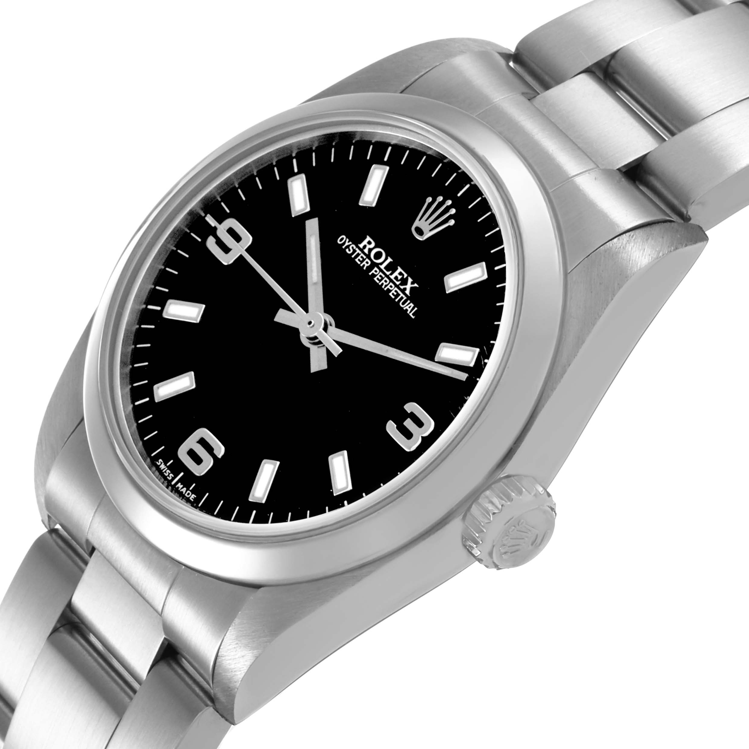 The Rolex Oyster Perpetual 77080 Women's Stainless Steel Black Dial watch is shown at an angled close-up, highlighting the black dial, crown, and bracelet links.