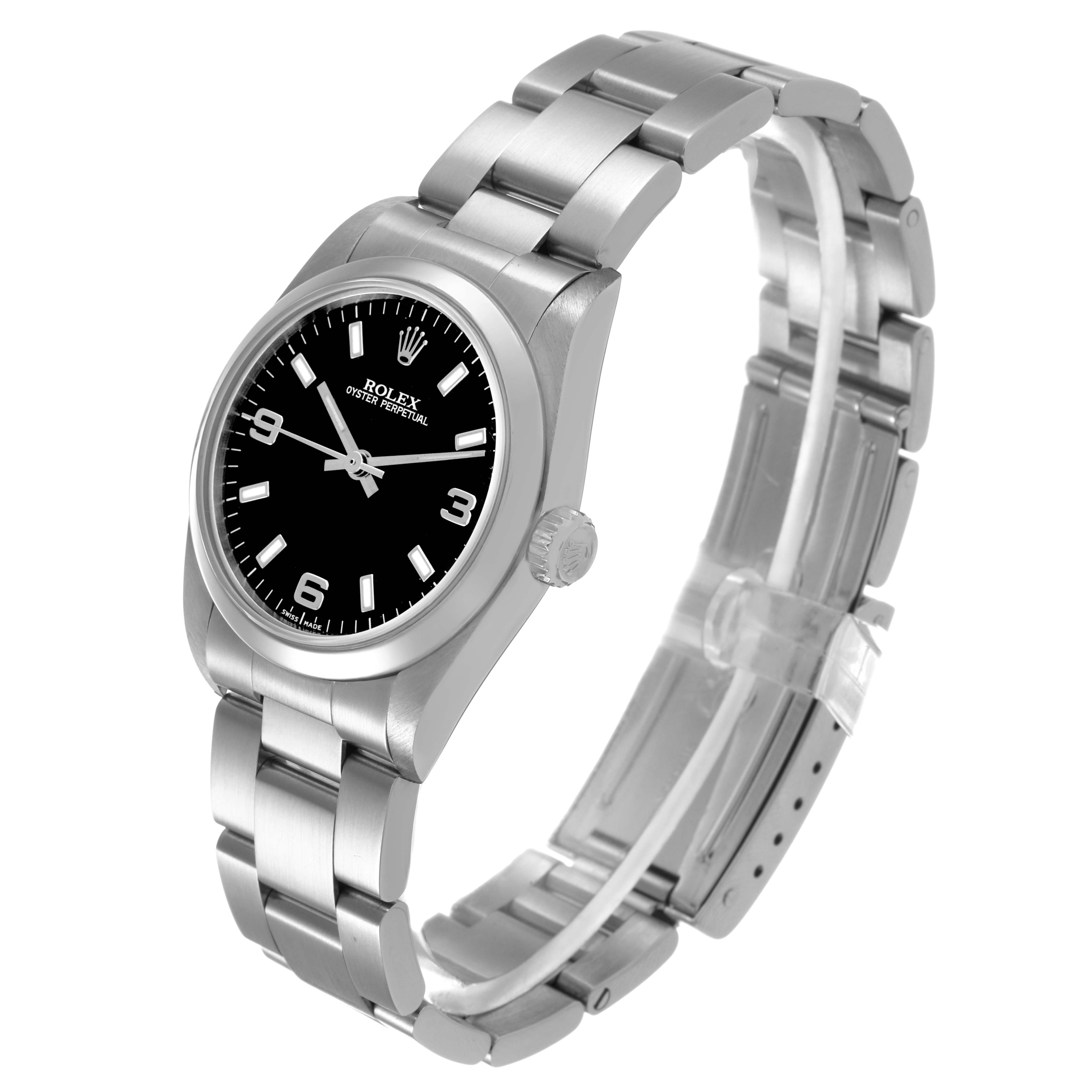The image shows a Rolex Oyster Perpetual 77080 Women's Stainless Steel Black Dial watch at an angled side view, highlighting the black dial, bracelet, and crown.