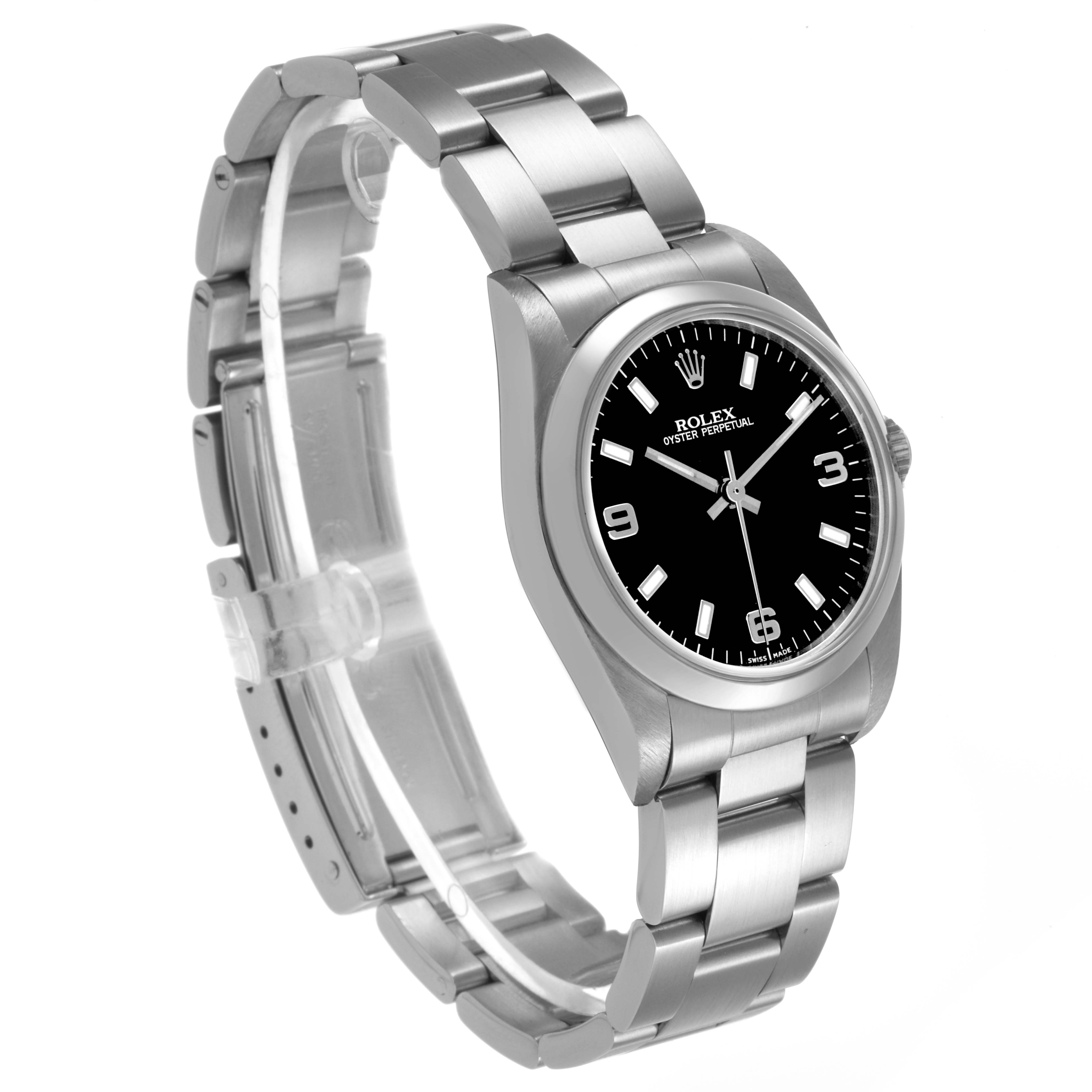 The image shows a side angle of the Rolex Oyster Perpetual 77080 Women's Stainless Steel Black Dial watch, highlighting the black dial, bezel, and stainless steel bracelet.