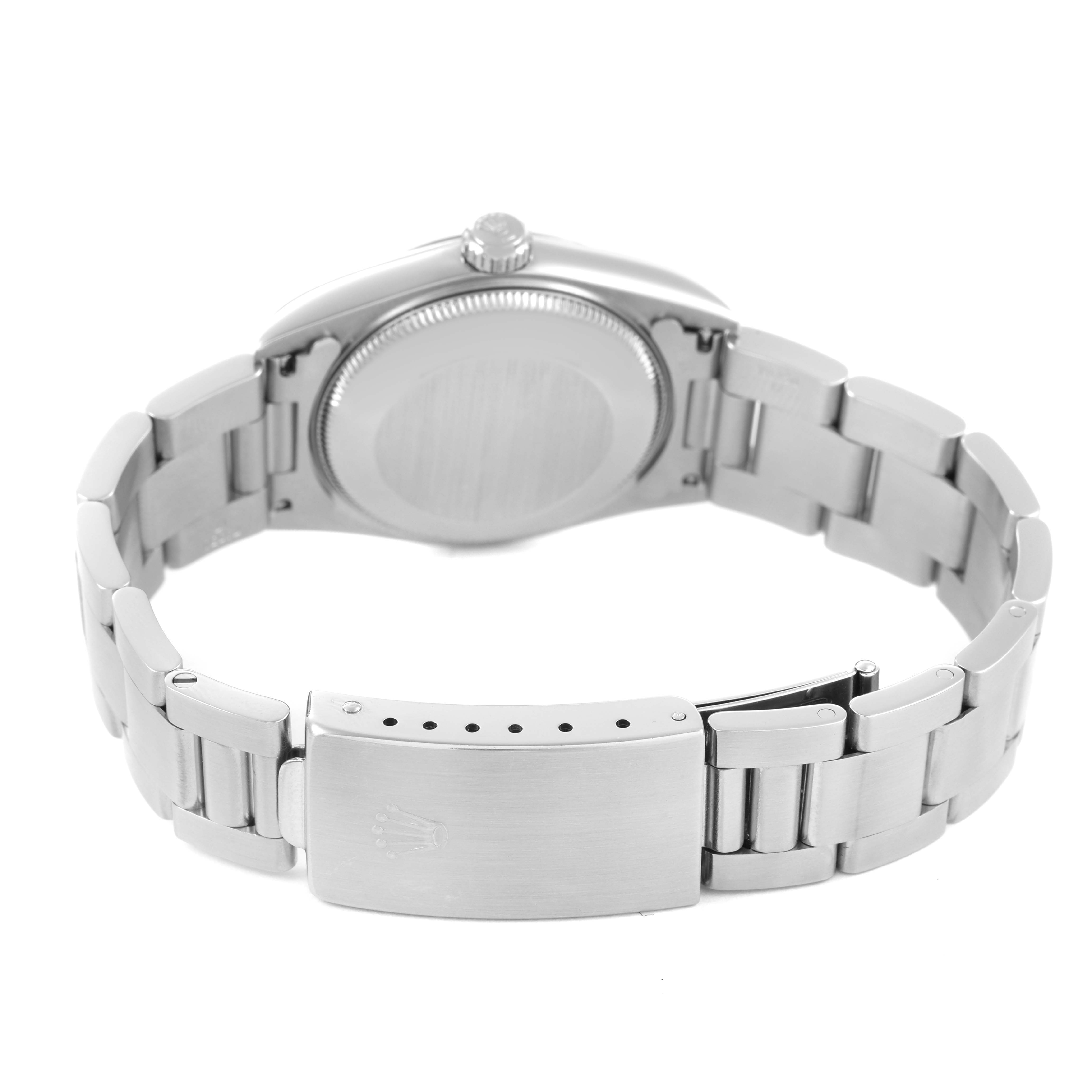The image shows the Rolex Oyster Perpetual 77080 Women's Stainless Steel Black Dial's back case and bracelet, viewed from behind, highlighting the clasp and links.
