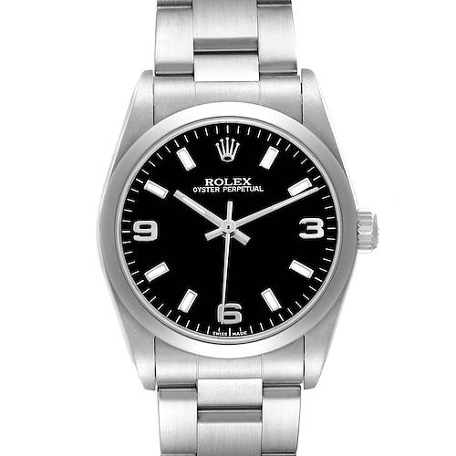 The Rolex Oyster Perpetual 77080 Women's Stainless Steel Black Dial is shown from a top-down angle, displaying the face, bezel, and part of the bracelet.
