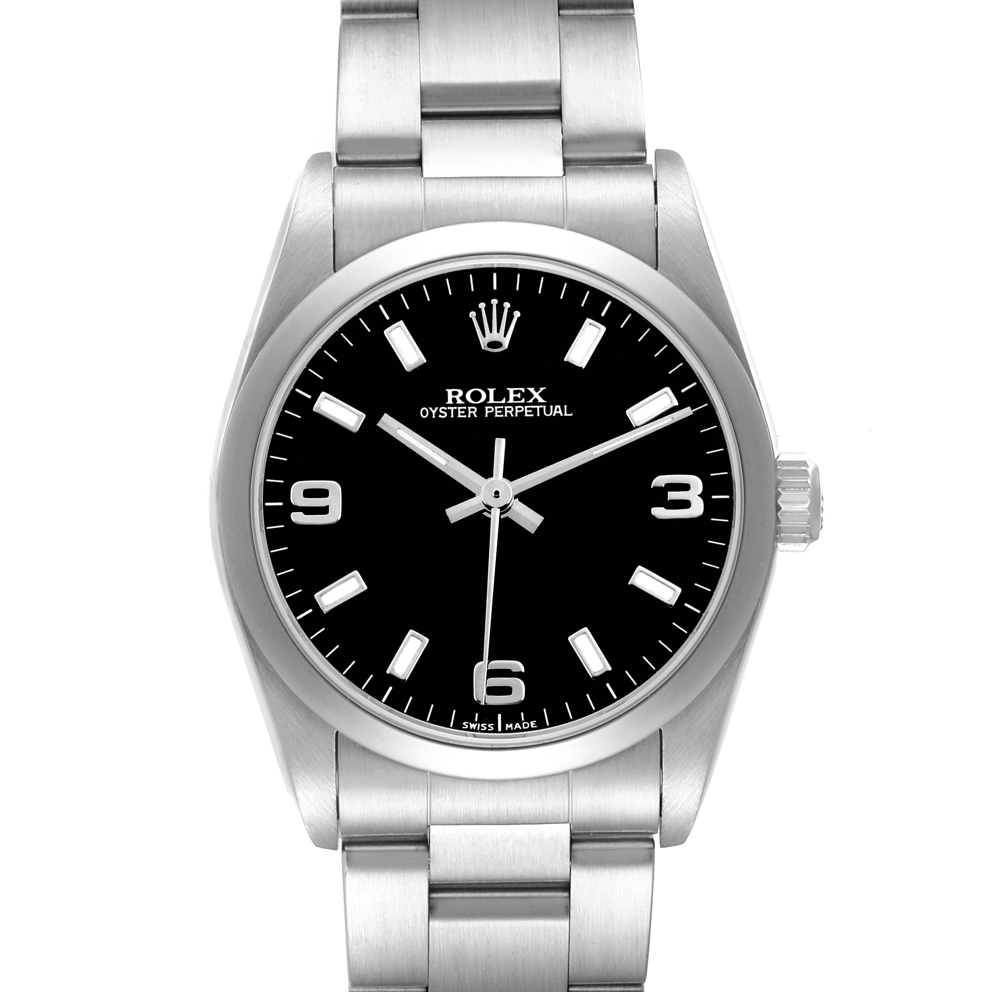 The Rolex Oyster Perpetual 77080 Women's Stainless Steel Black Dial watch is shown from a top-down angle, displaying the dial, bezel, and bracelet.