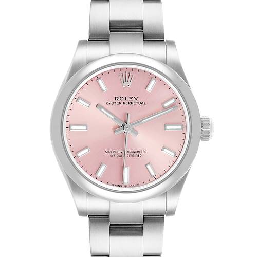 The Rolex Oyster Perpetual Women's Stainless Steel Pink Dial is shown from the front, featuring its dial, bracelet, and crown.