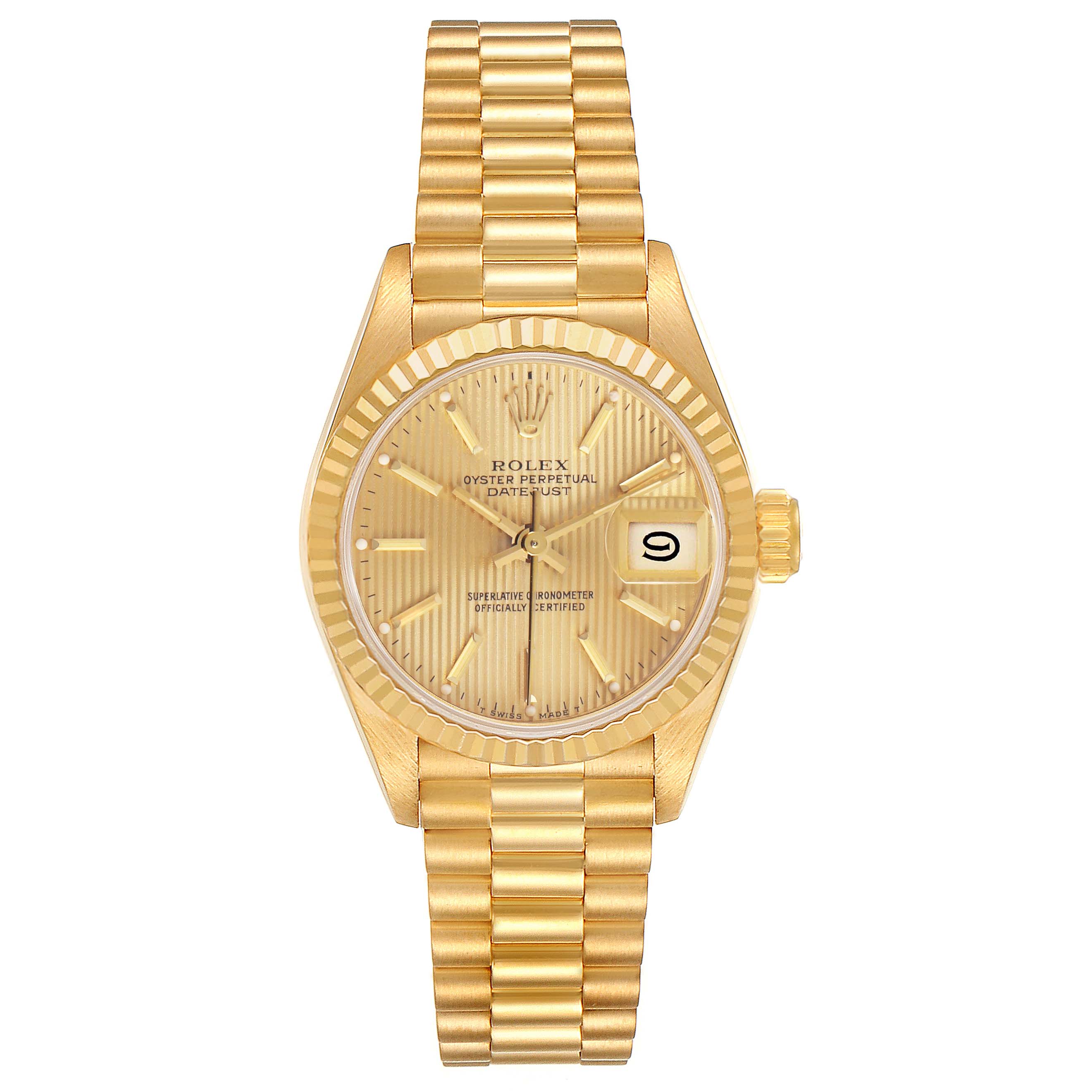 The Rolex President 69178 Women's Yellow Gold Champagne Dial watch is shown from the front, displaying the dial, bracelet, bezel, and crown.