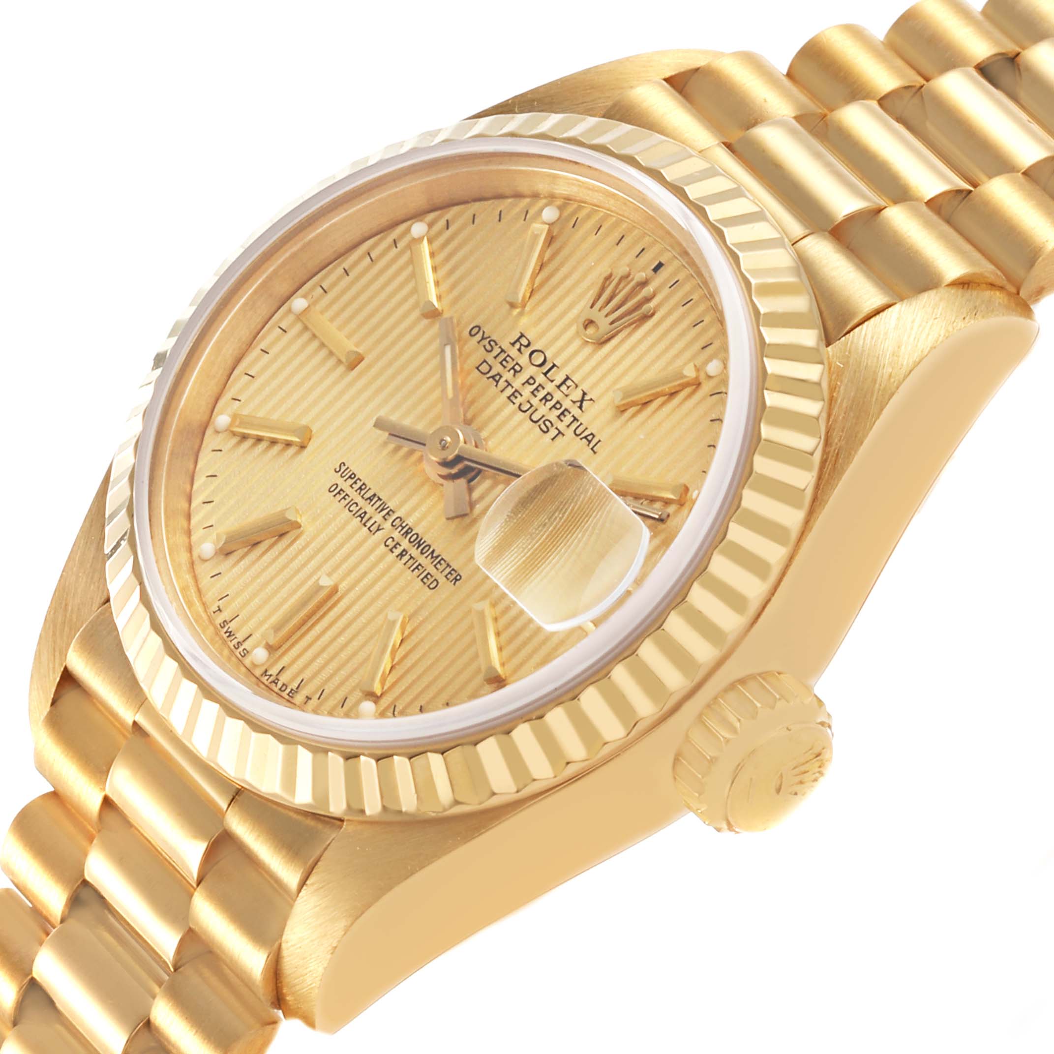 The Rolex President 69178 Women's Yellow Gold Champagne Dial model is shown at a tilted angle, featuring the dial, bezel, crown, and part of the bracelet.