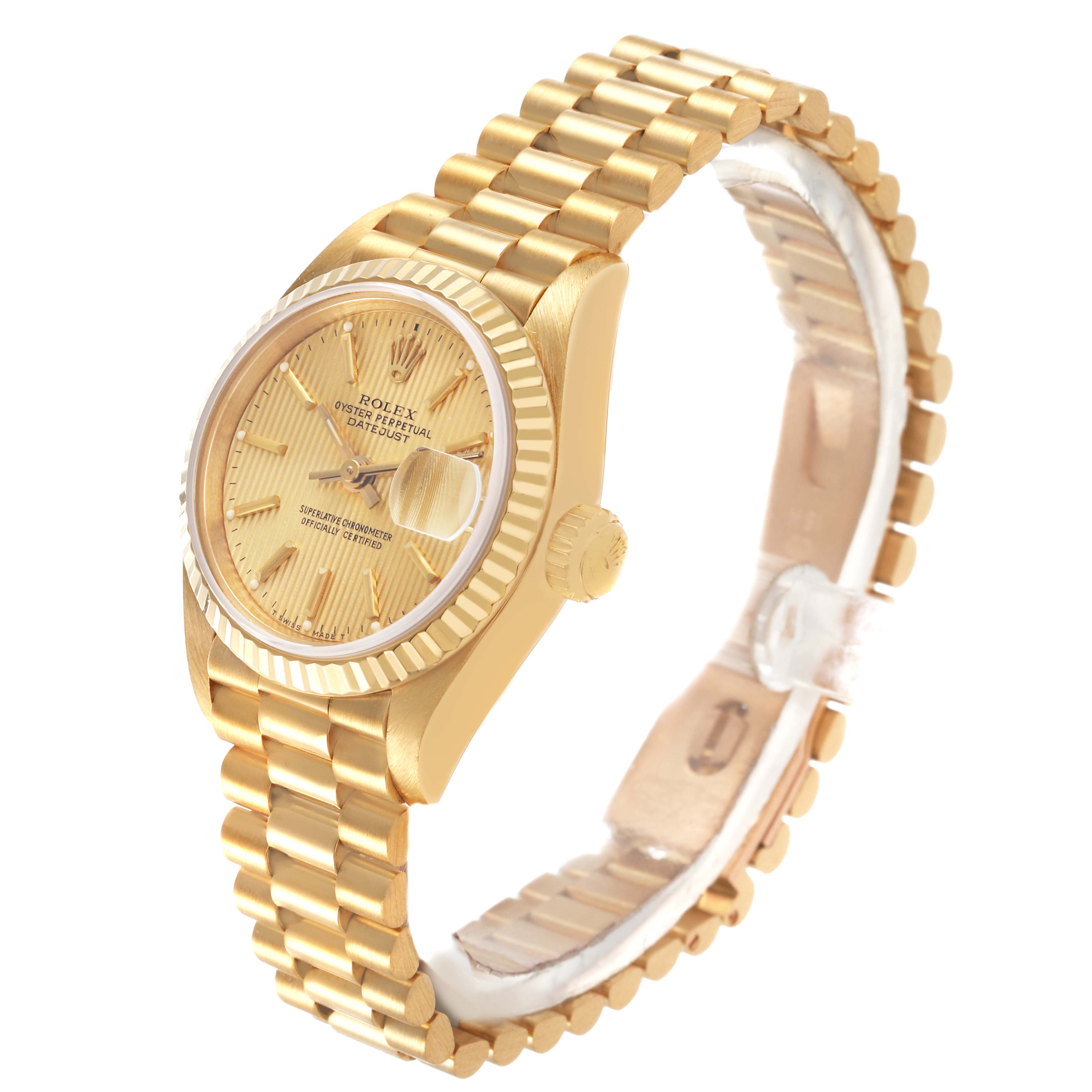 The Rolex President 69178 Women's Yellow Gold Champagne Dial model watch is shown at an angled side view, displaying the face, bezel, crown, and bracelet.