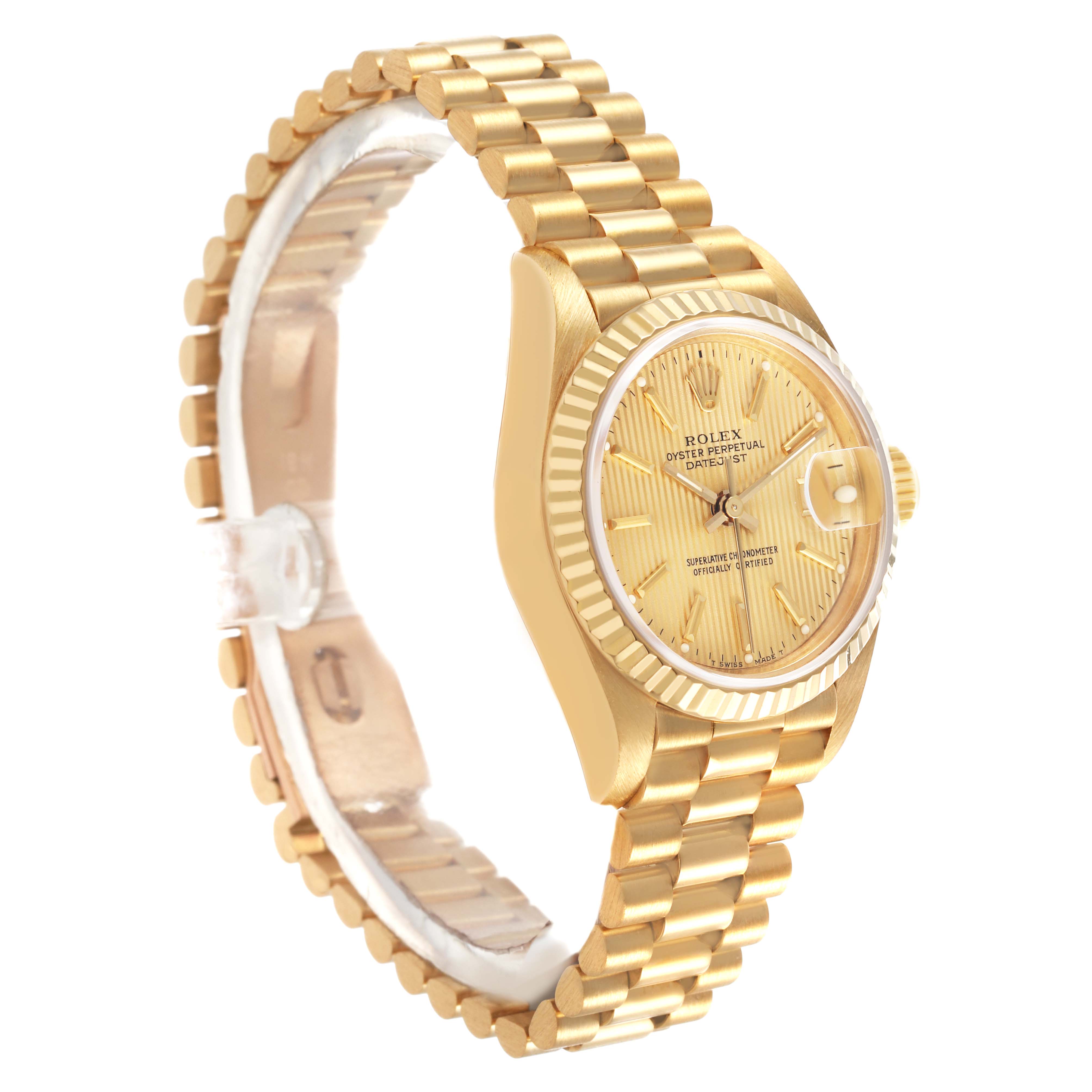 The Rolex President 69178 Women's Yellow Gold Champagne Dial model is shown from a side angle, highlighting its gold case, fluted bezel, and President bracelet.