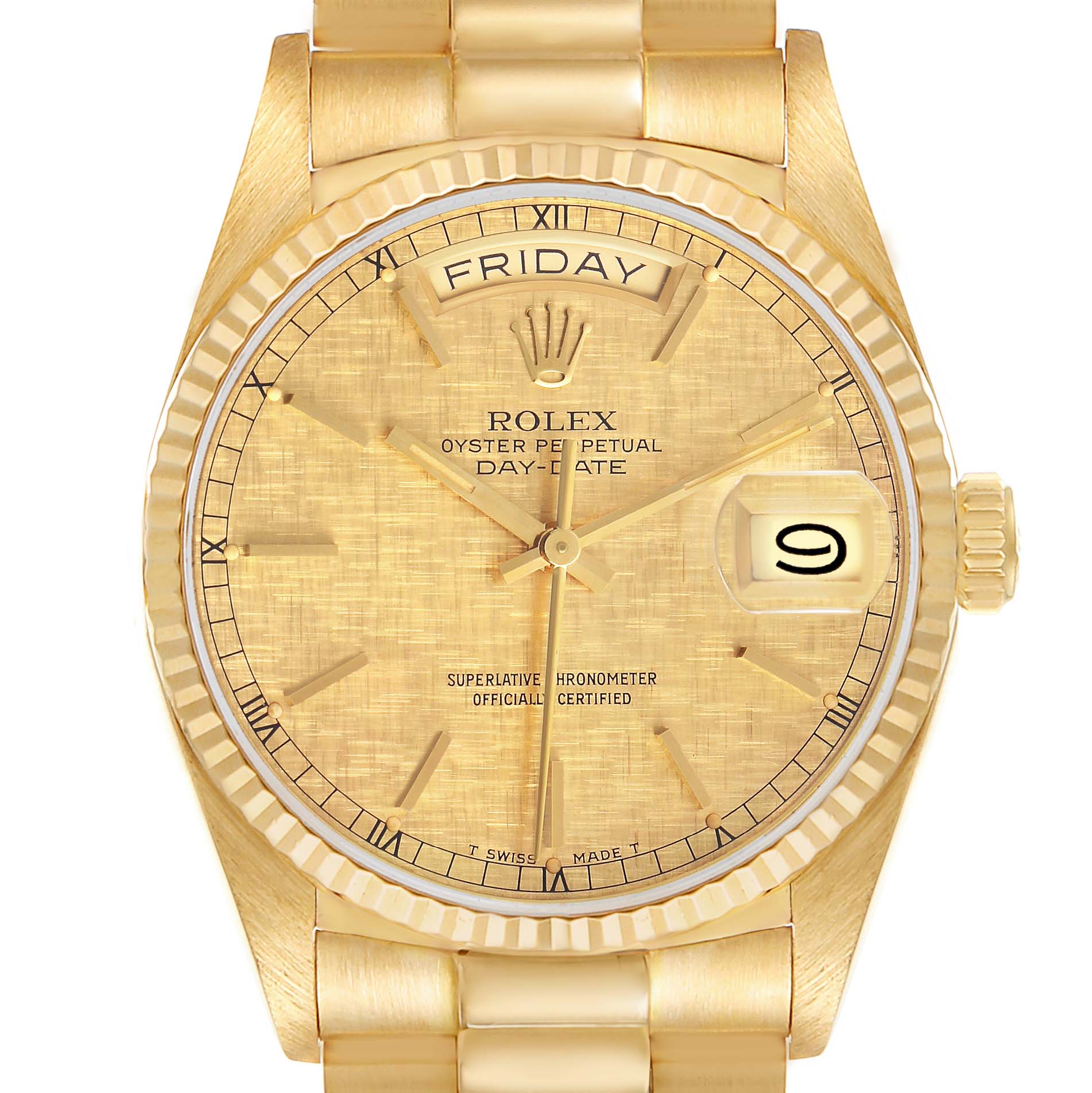 The image shows a front view of the Rolex President 18038 Men's Yellow Gold Champagne Dial model, displaying its gold dial, day window, and date window.