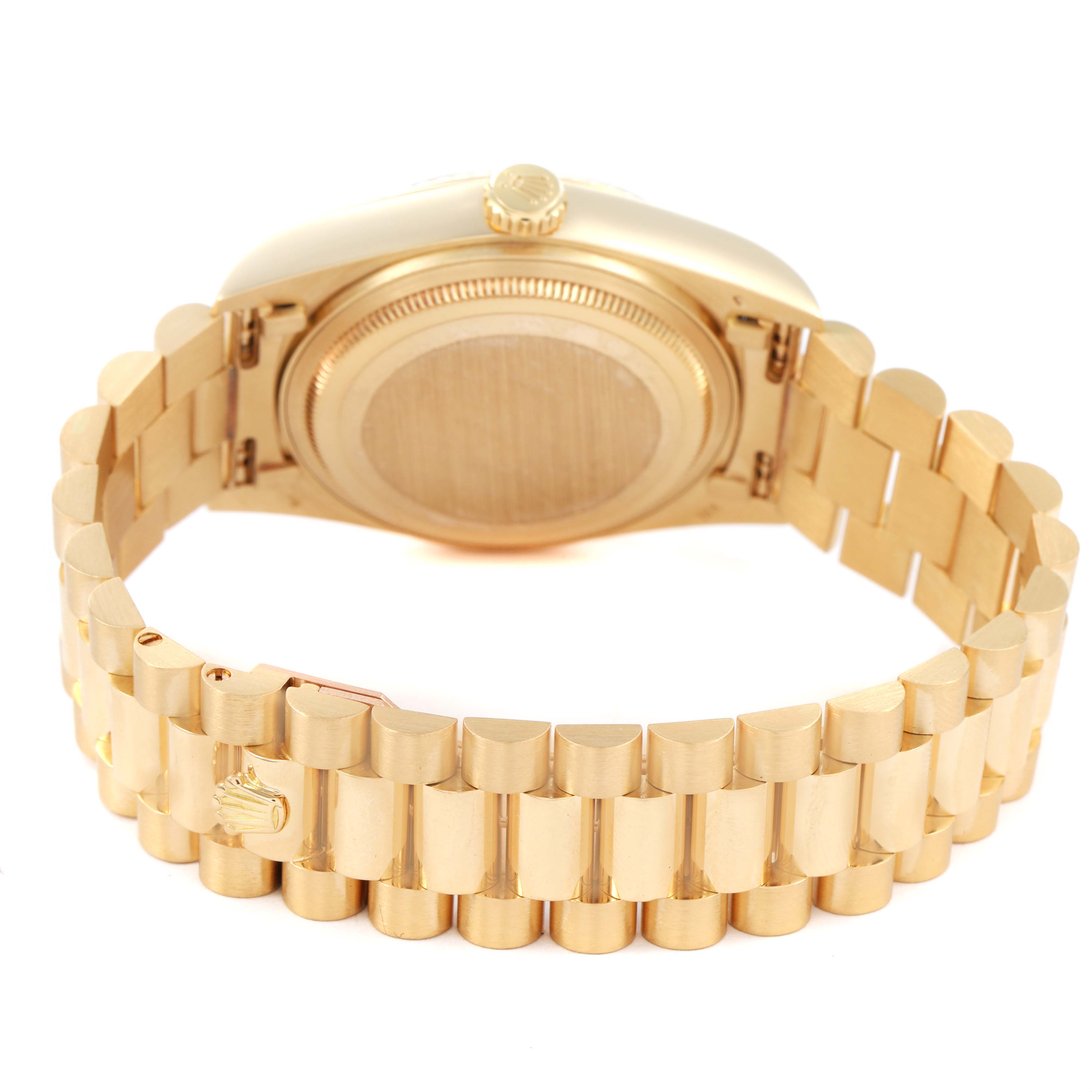 The image shows the back and side of the Rolex President 18038 Men's Yellow Gold Champagne Dial model, highlighting its clasp, bracelet, case back, and crown.