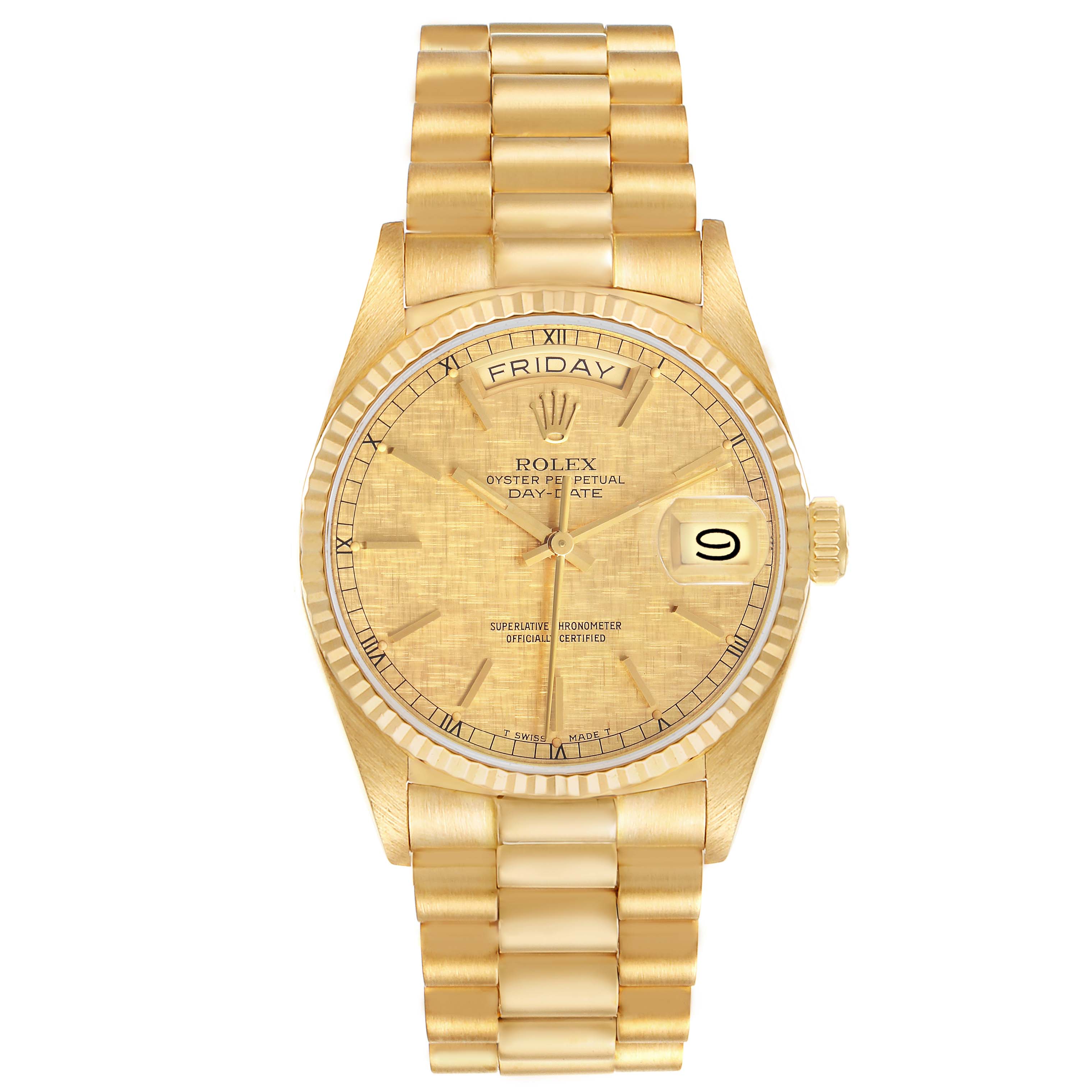 The Rolex President 18038 Men's Yellow Gold Champagne Dial model is shown from a top-down angle, displaying its gold bracelet and face with day-date features.
