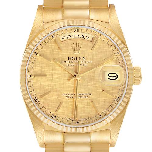 The Rolex President 18038 Men's Yellow Gold Champagne Dial model is shown from the front, displaying the dial, day, date, bezel, and part of the bracelet.