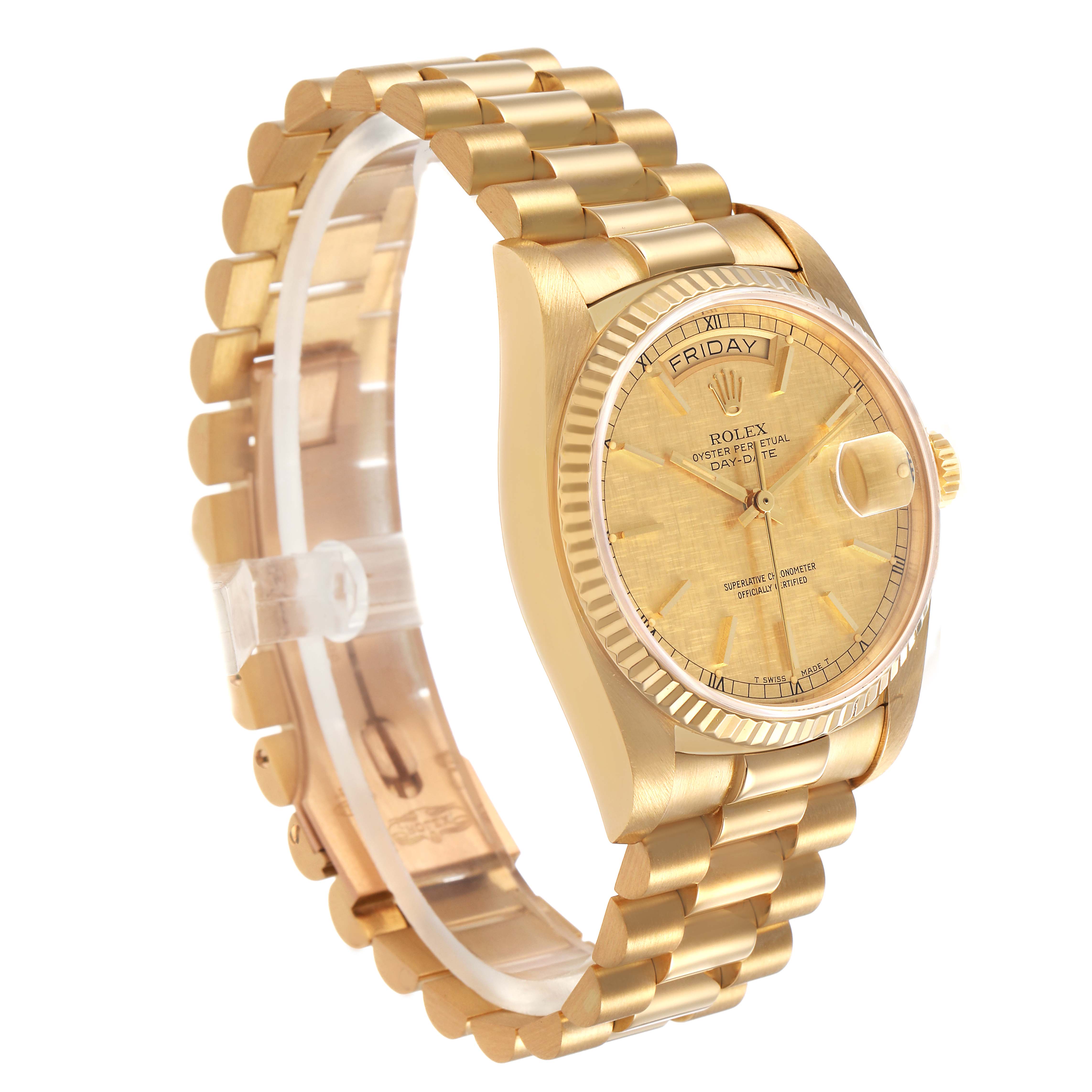 The Rolex President 18038 Men's Yellow Gold Champagne Dial model is shown at a slight angle, highlighting the gold bracelet, fluted bezel, and day-date window.