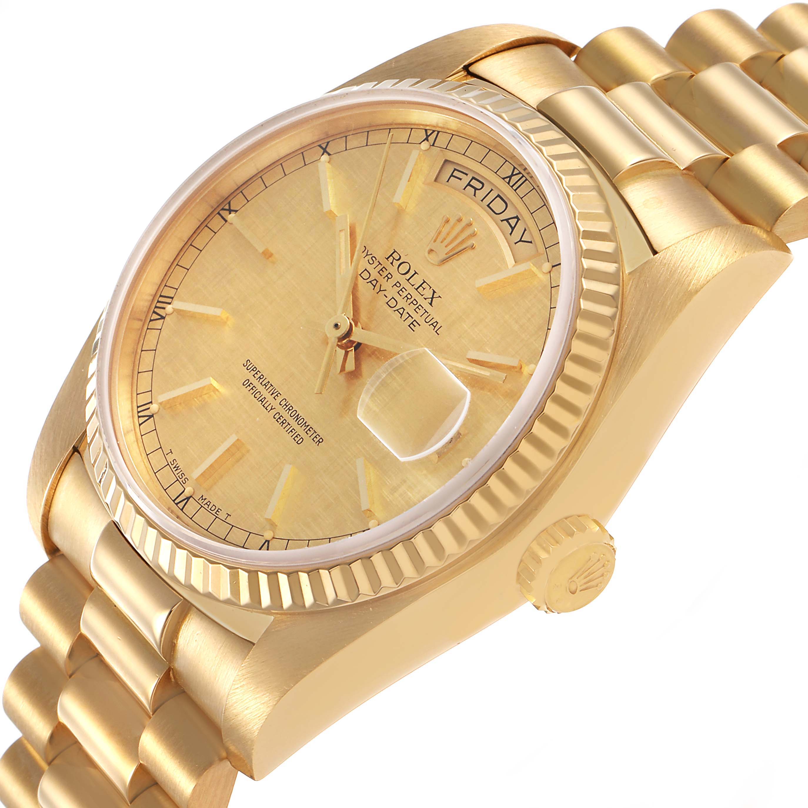 The Rolex President 18038 Men's Yellow Gold Champagne Dial watch is shown from a front angle, highlighting the dial, day display, bezel, and bracelet.