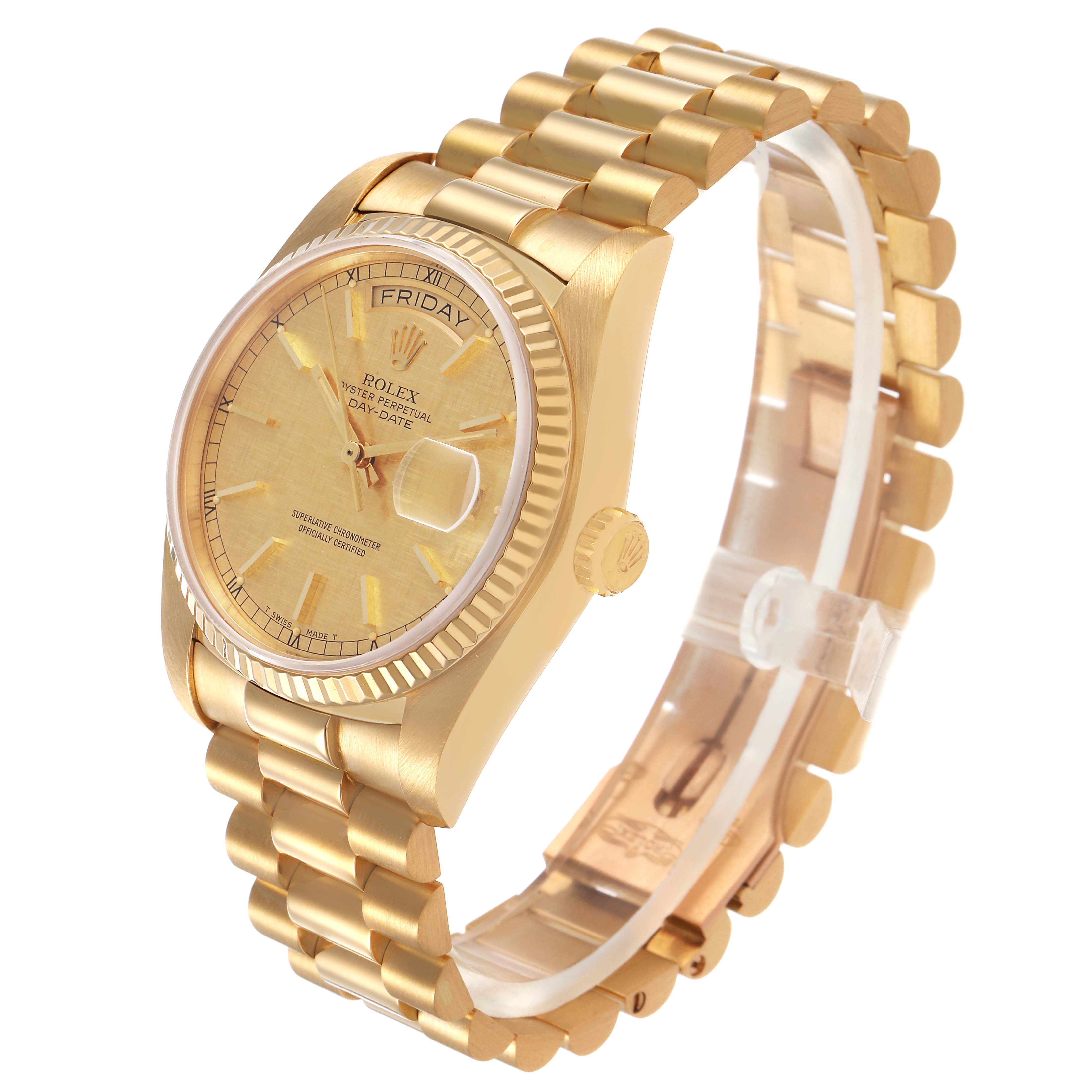 The Rolex President 18038 Men's Yellow Gold Champagne Dial model is shown at a slight angled top view, displaying the bracelet, dial, crown, and bezel.