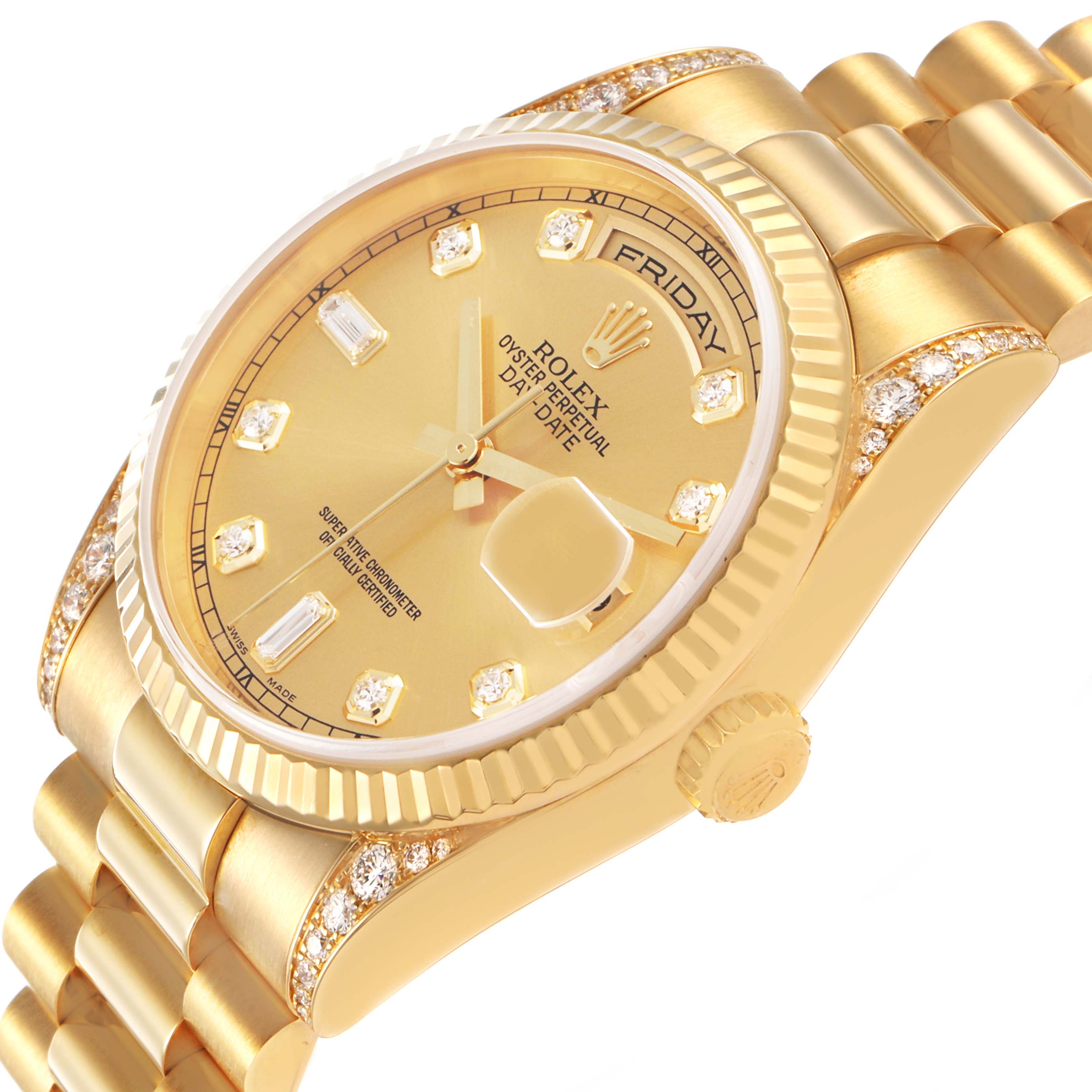 The Rolex President 118338 Mens Yellow Gold Champagne Dial watch is shown at a slight angle, highlighting the gold dial, diamond hour markers, bezel, and part of the bracelet.