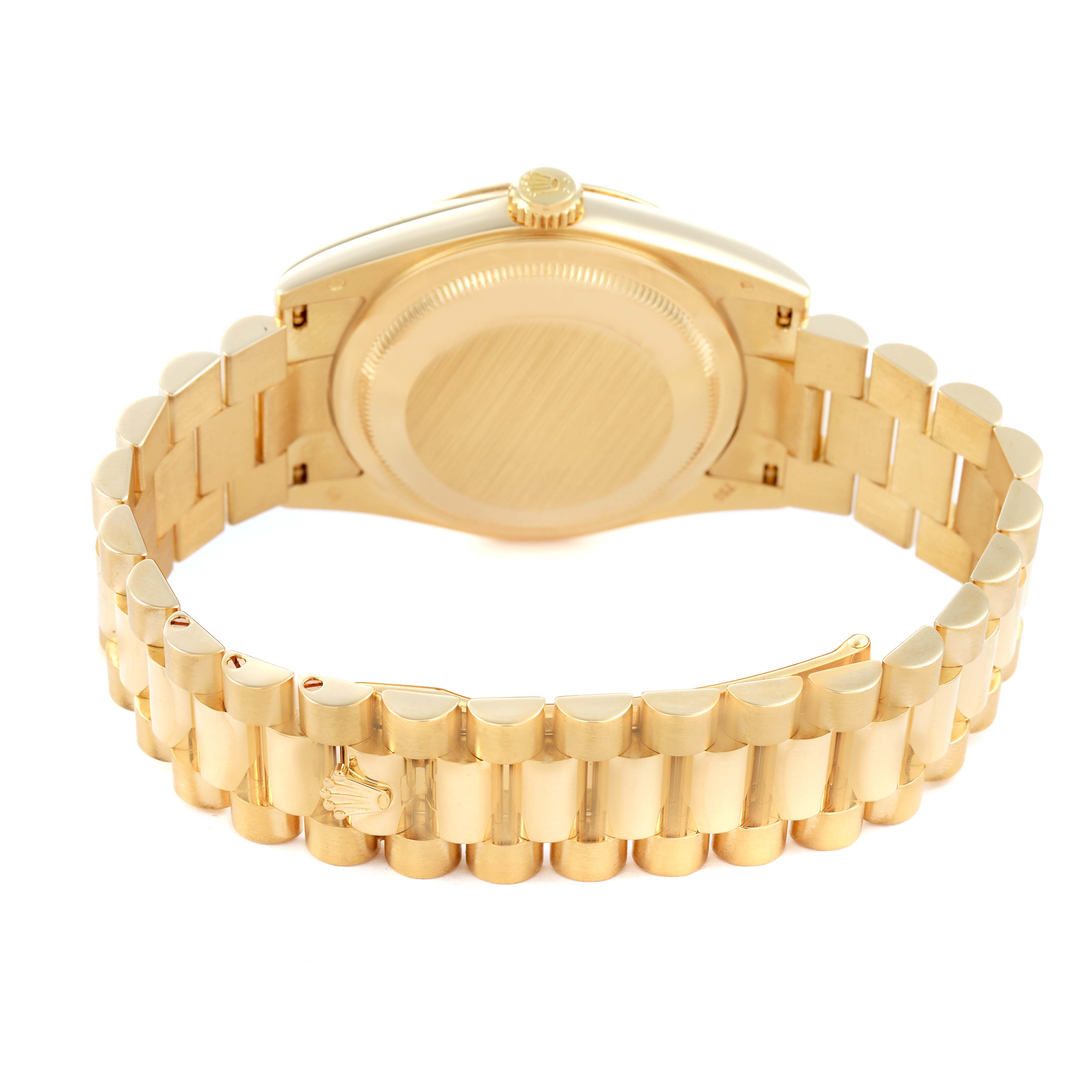 The Rolex President 118338 Mens Yellow Gold Champagne Dial model watch is shown from the back, highlighting its gold bracelet and clasp.