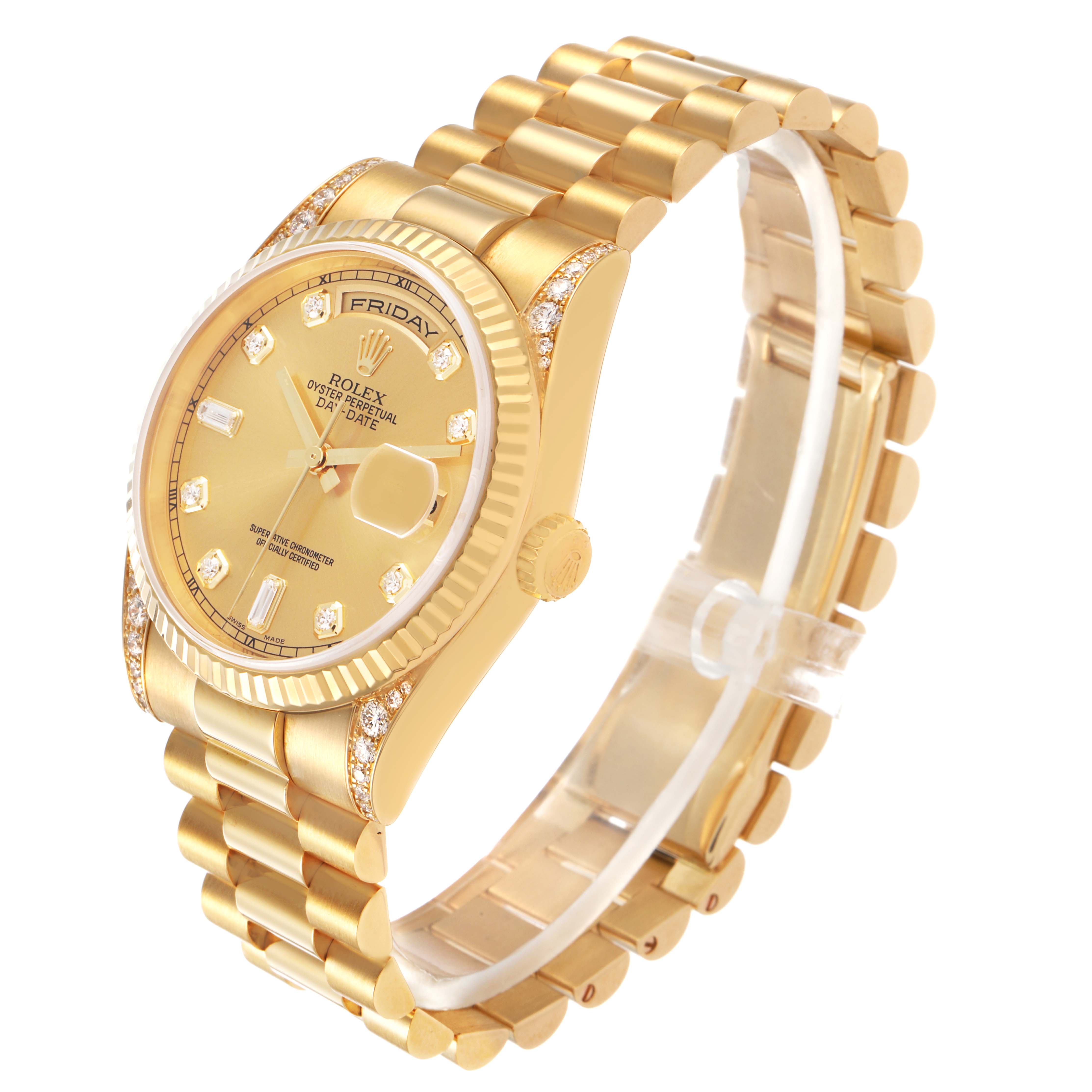 The Rolex President 118338 Mens Yellow Gold Champagne Dial model watch is shown in a three-quarter angle displaying the dial, bezel, bracelet, and crown.