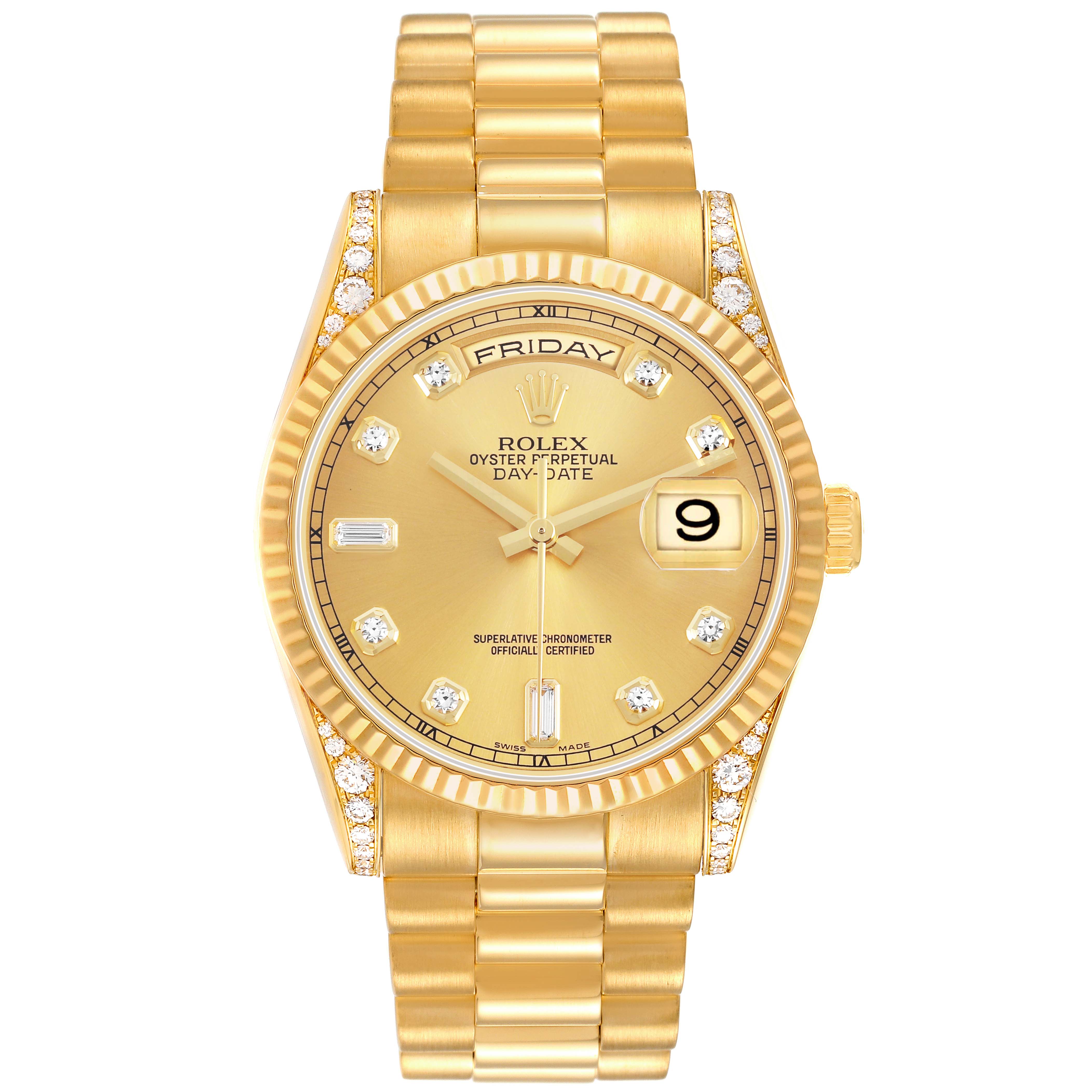 The Rolex President 118338 Mens Yellow Gold Champagne Dial model is shown from a frontal angle, displaying its gold dial, diamond markers, and bracelet.