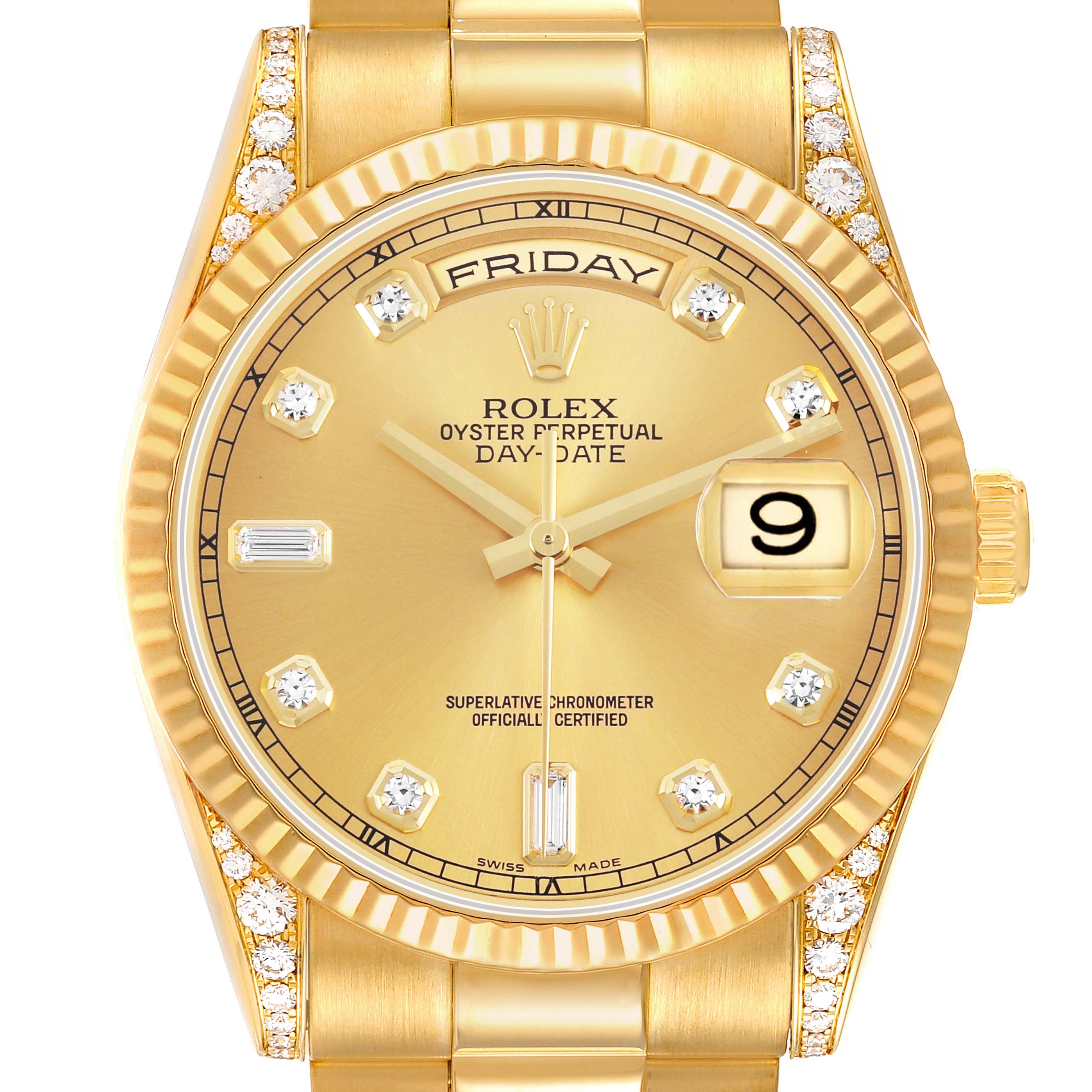 The Rolex President 118338 Mens Yellow Gold Champagne Dial model is shown from the front, highlighting its diamond hour markers and gold finish.