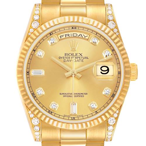 The Rolex President 118338 Men's Yellow Gold Champagne Dial model is shown from a front view, highlighting the dial, date, and day display, with diamond hour markers.