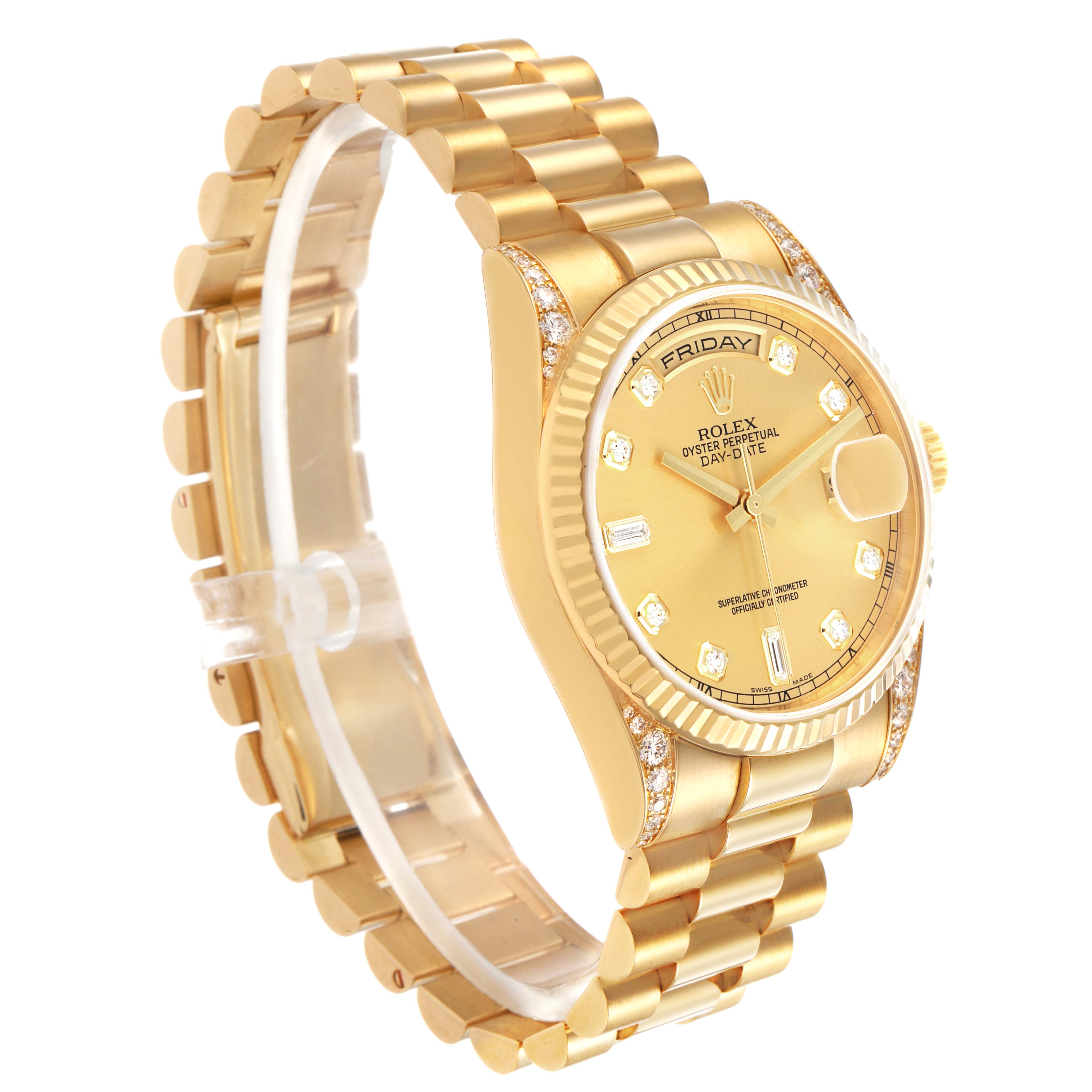 The Rolex President 118338 Mens Yellow Gold Champagne Dial model is shown at a three-quarter angle, highlighting the bracelet, bezel, and dial.