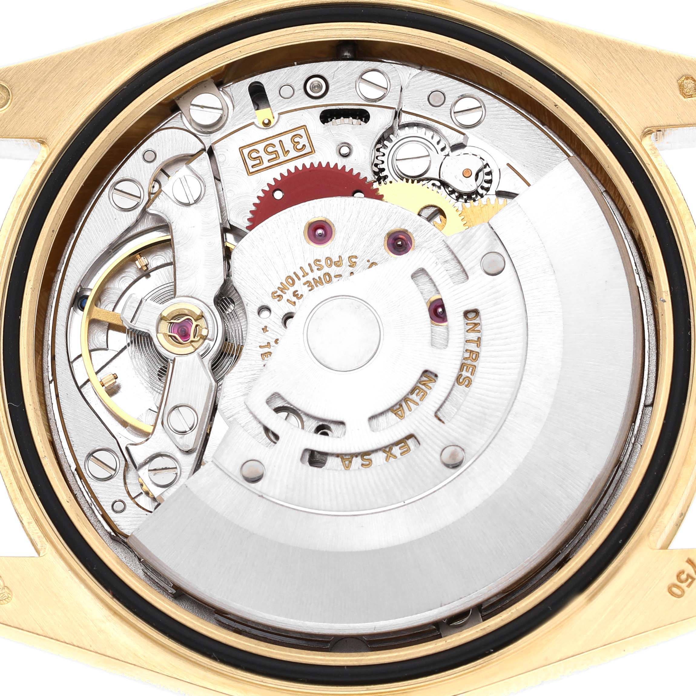 The image shows the movement of a Rolex President 118338 Mens Yellow Gold Champagne Dial watch, focusing on gears and the caliber 3155.