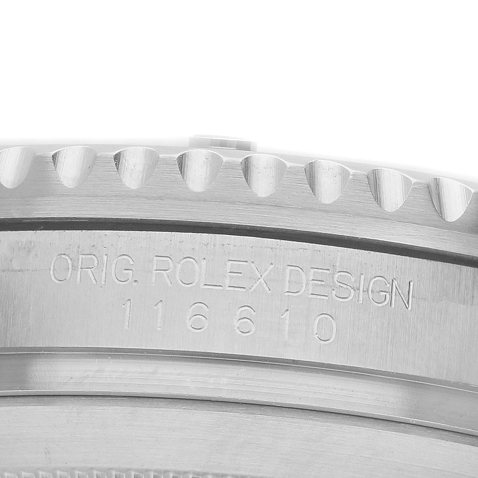 The image shows a close-up of the side of a Rolex Submariner 116610 Men's Stainless Steel Black Dial, highlighting the engraved design and model number.