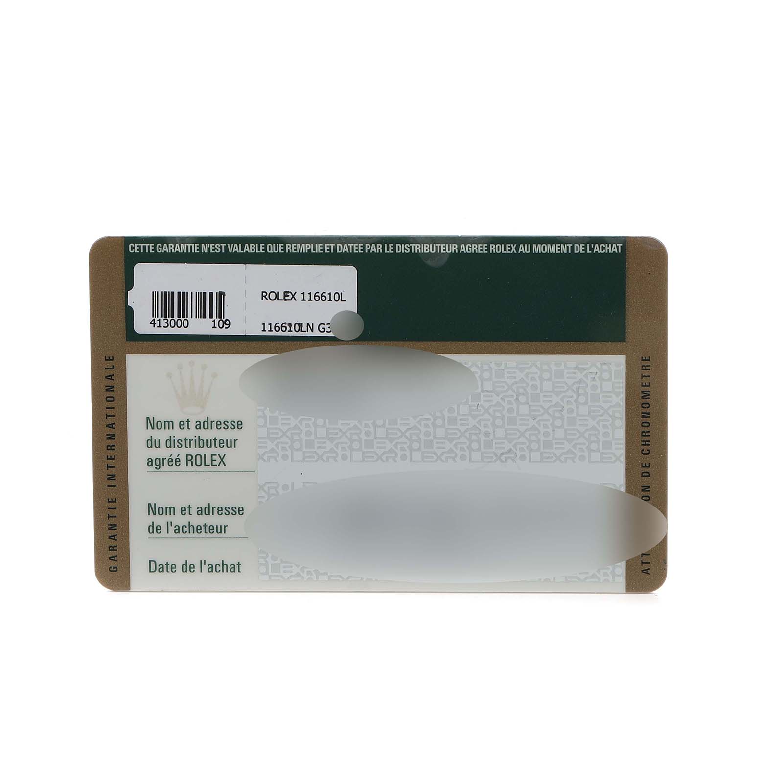 The image shows the back of a Rolex Submariner 116610 Men's Stainless Steel Black Dial warranty card featuring model details and codes.