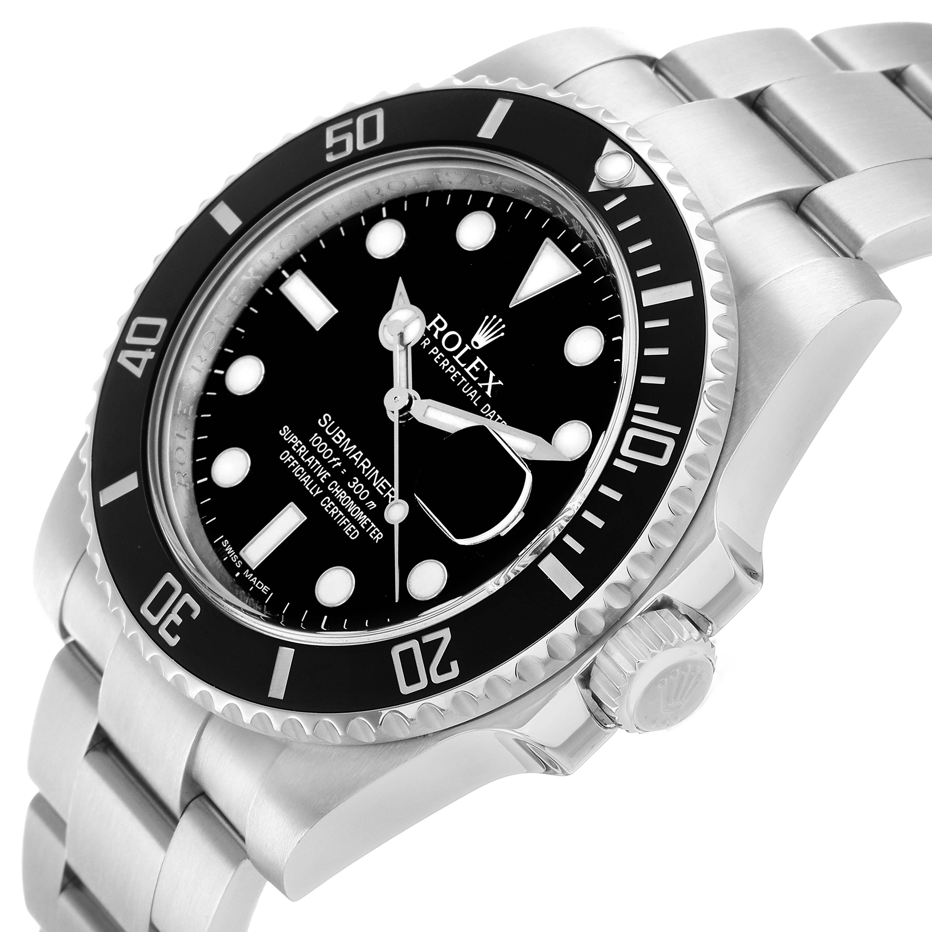 The Rolex Submariner 116610 Men's Stainless Steel Black Dial watch is shown at an angled side view, highlighting the bezel, dial, crown, and part of the bracelet.