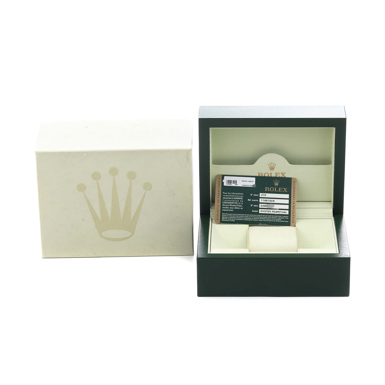 The image shows a Rolex Submariner 116610 Men's Stainless Steel Black Dial box and authenticity card from a front angle, highlighting the packaging and documentation.