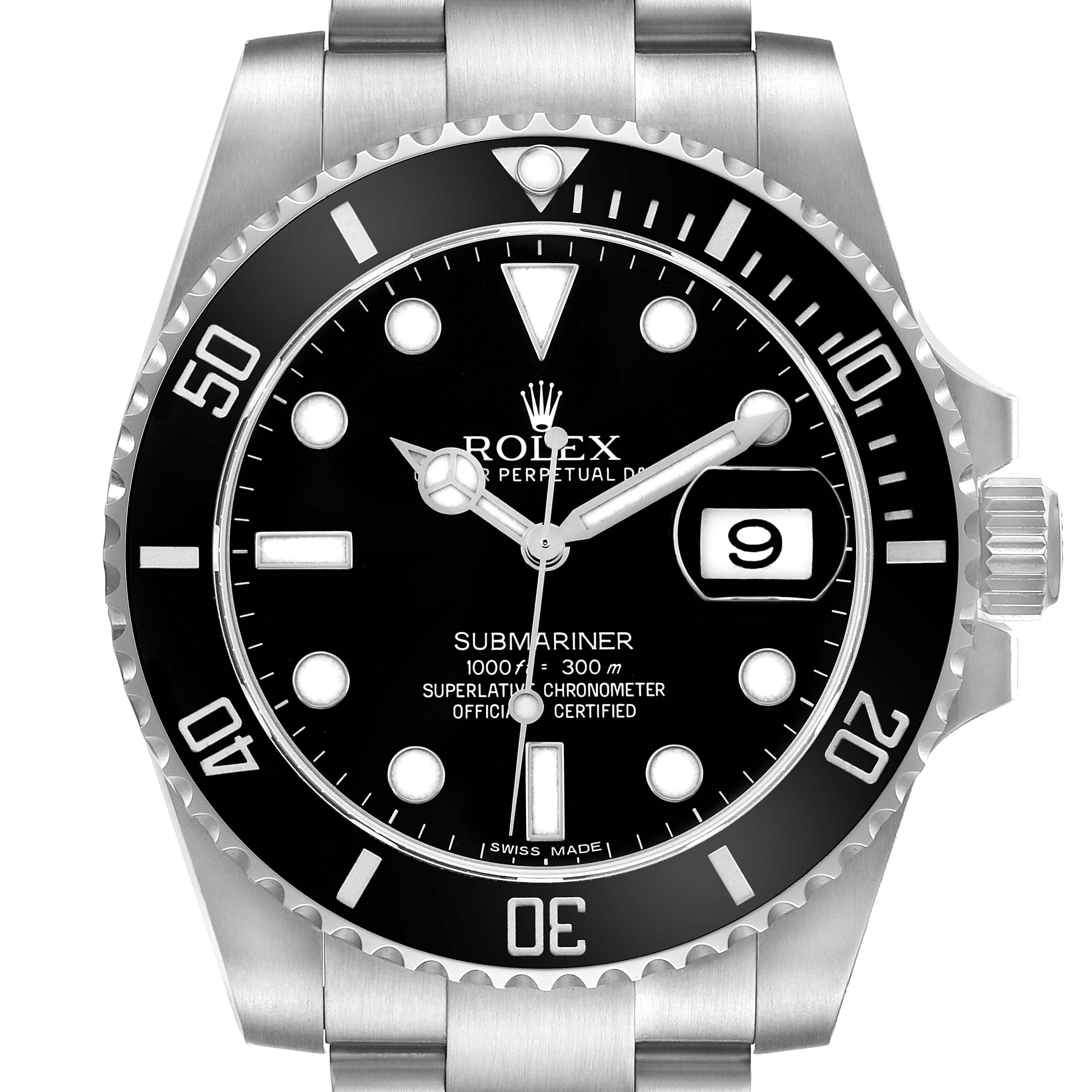 The Rolex Submariner 116610 Men's Stainless Steel Black Dial watch is shown from a top-down angle, highlighting the dial, bezel, and stainless steel bracelet.