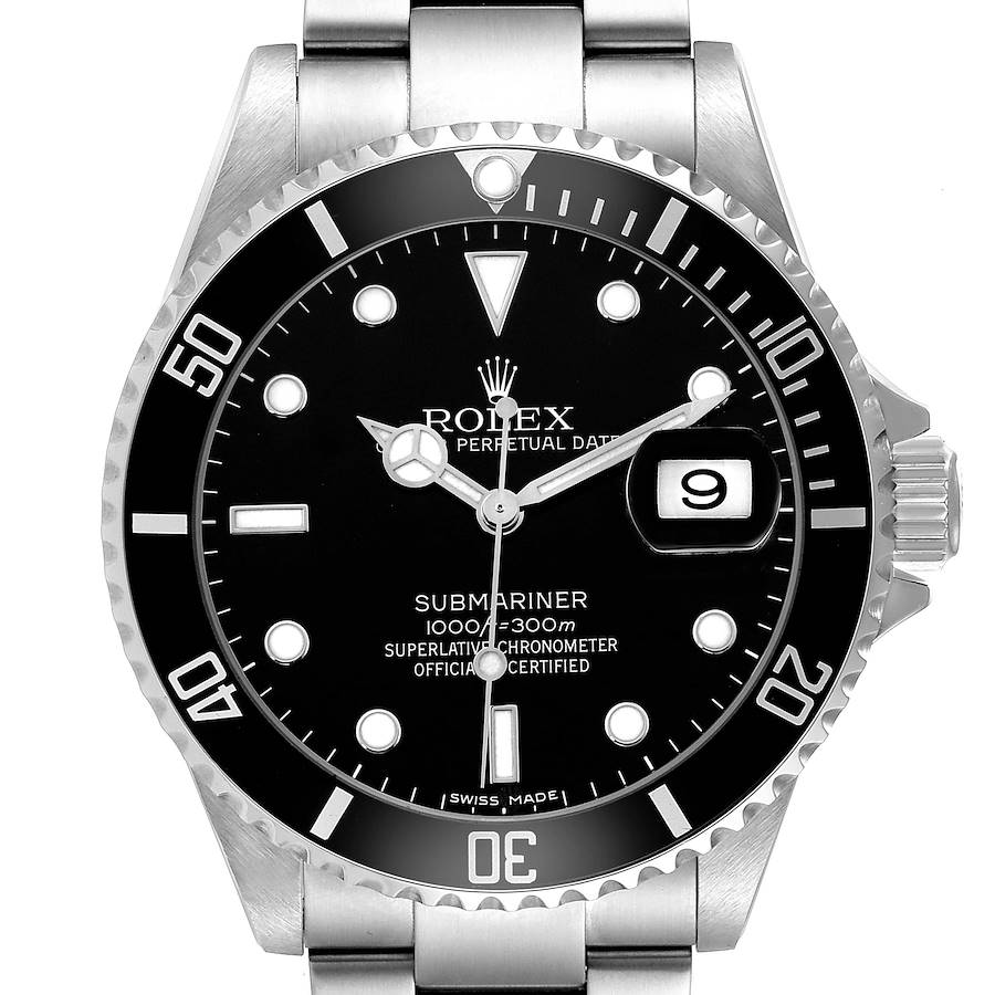 The Rolex Submariner 16610 Men's Stainless Steel Black Dial watch is shown from a front angle, displaying the dial, bezel, and bracelet.