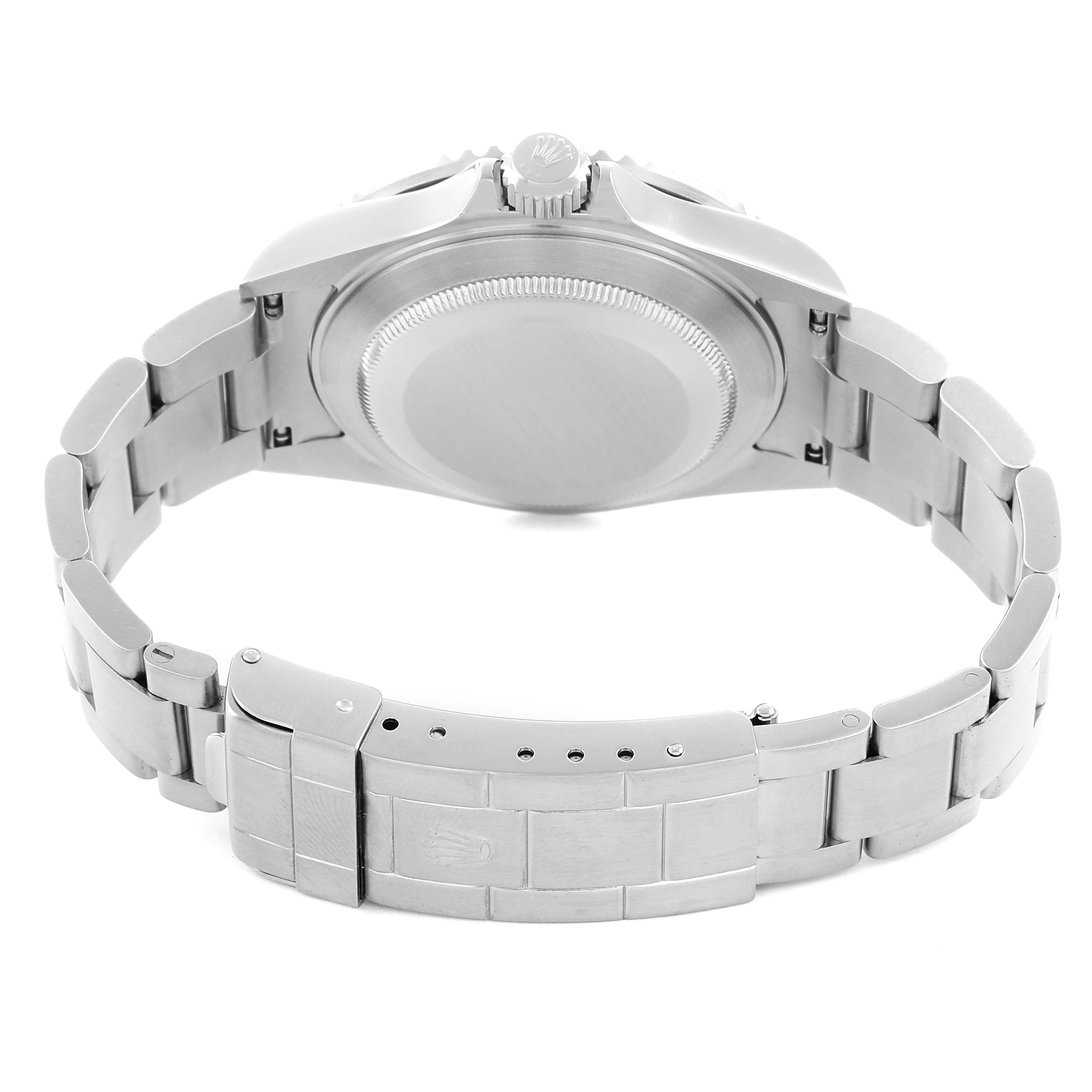 The image displays the back view of a Rolex Submariner 16610 Men's Stainless Steel Black Dial, showing the case back and bracelet with the clasp.