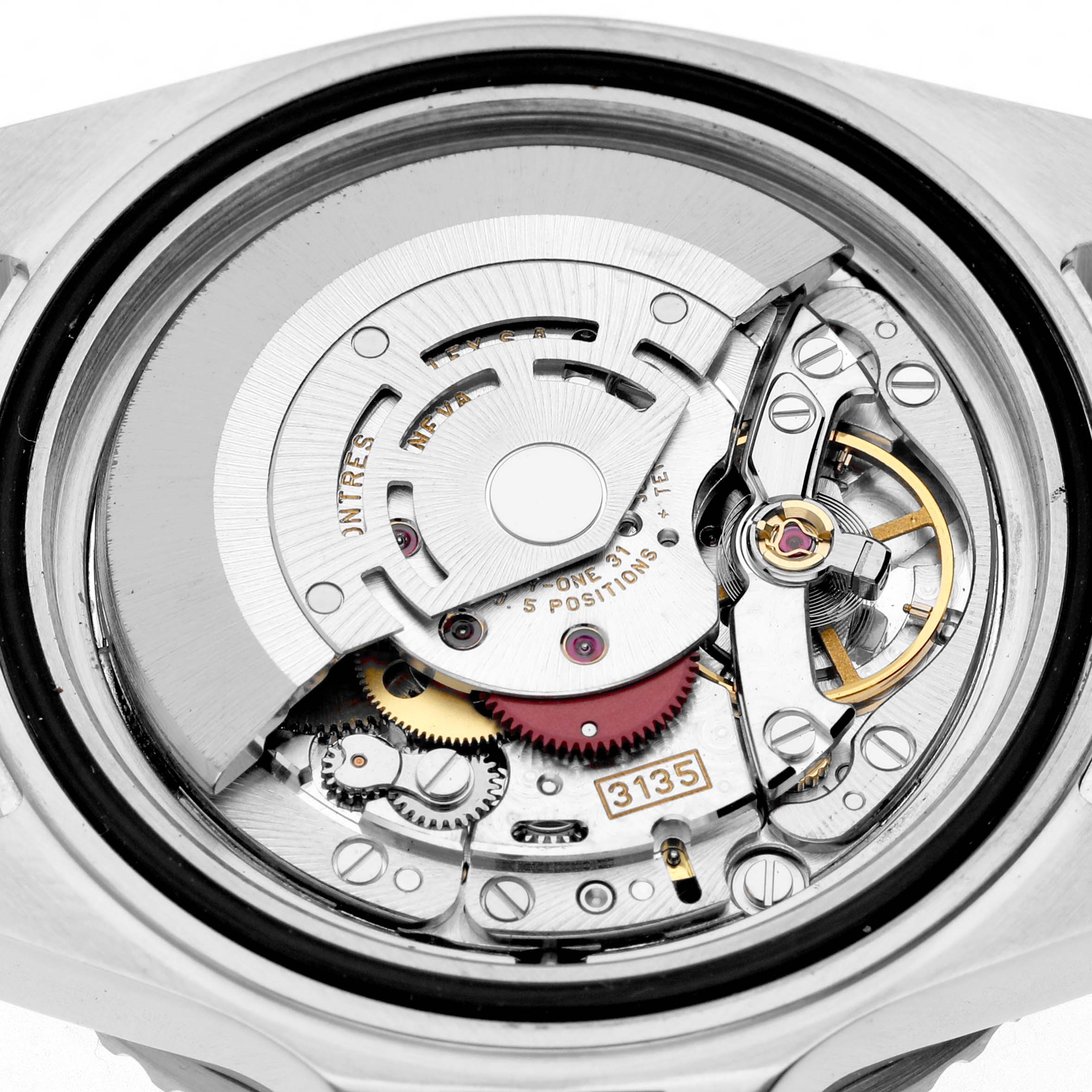 The image shows the back view of a Rolex Submariner 16610 Men's Stainless Steel Black Dial, displaying its intricate movement mechanism.