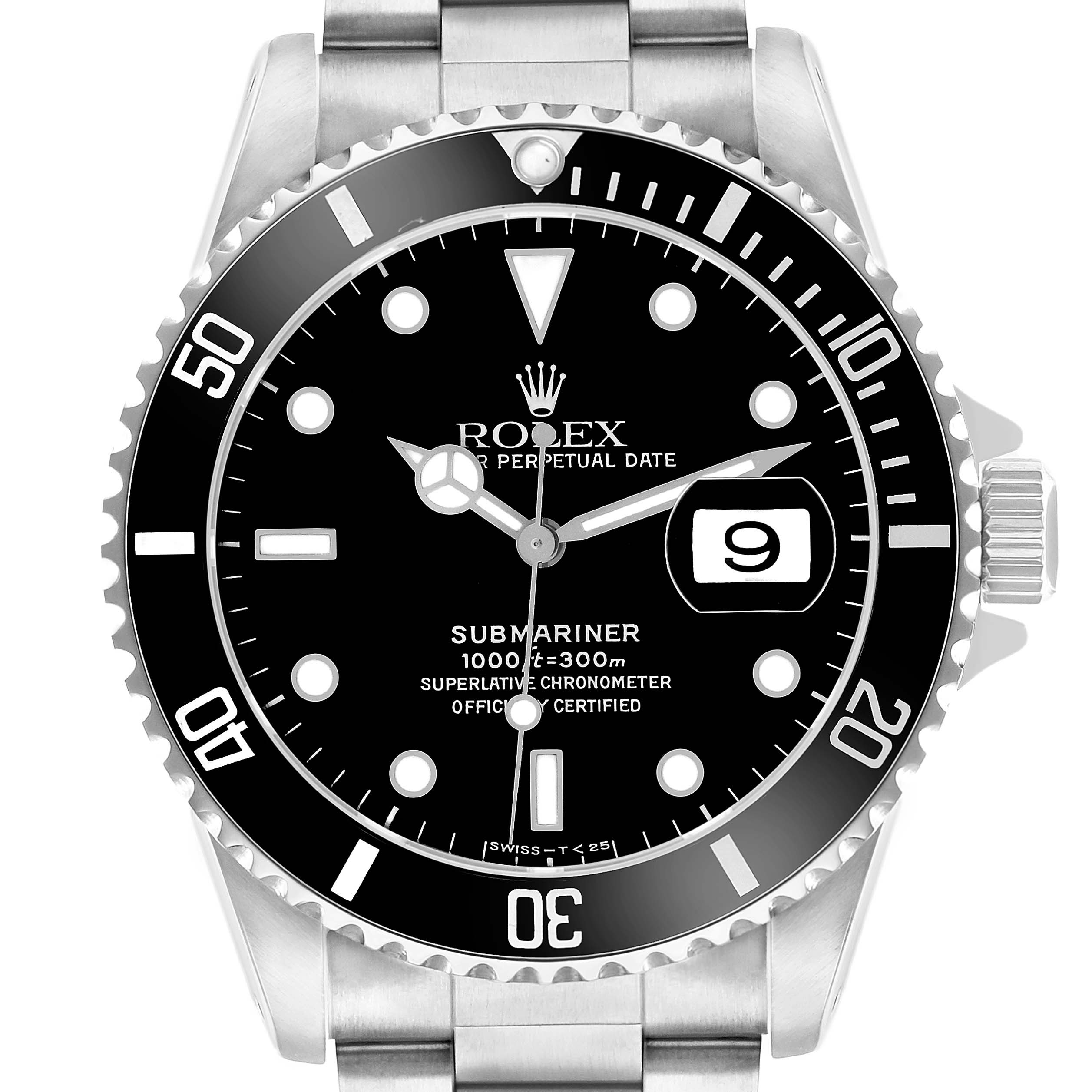 The Rolex Submariner 16610 Men's Stainless Steel Black Dial watch is shown from the front, displaying the dial, bezel, crown, and part of the bracelet.