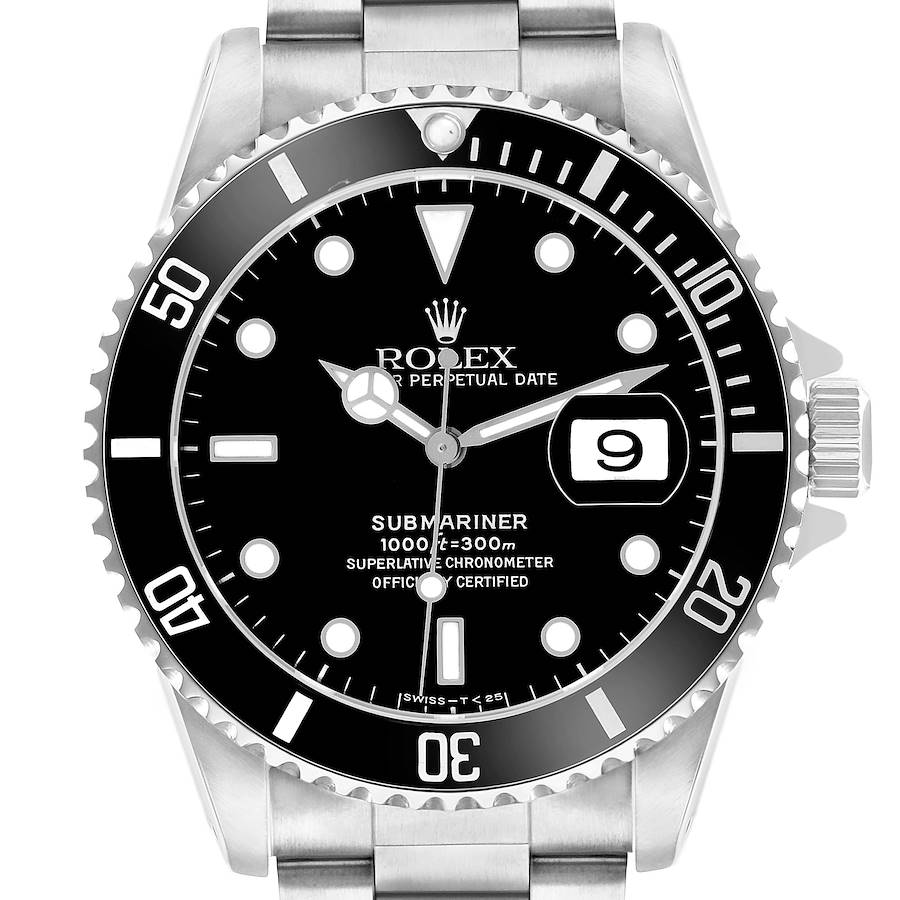 The Rolex Submariner 16610 Men's Stainless Steel Black Dial watch is shown from the front, displaying the dial, bezel, crown, and part of the bracelet.