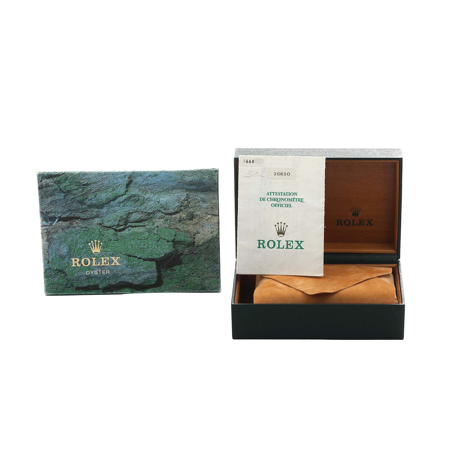 The image shows a Rolex Submariner 16610 Men's Stainless Steel Black Dial box and papers, viewed from the front, with the box open and a booklet visible.