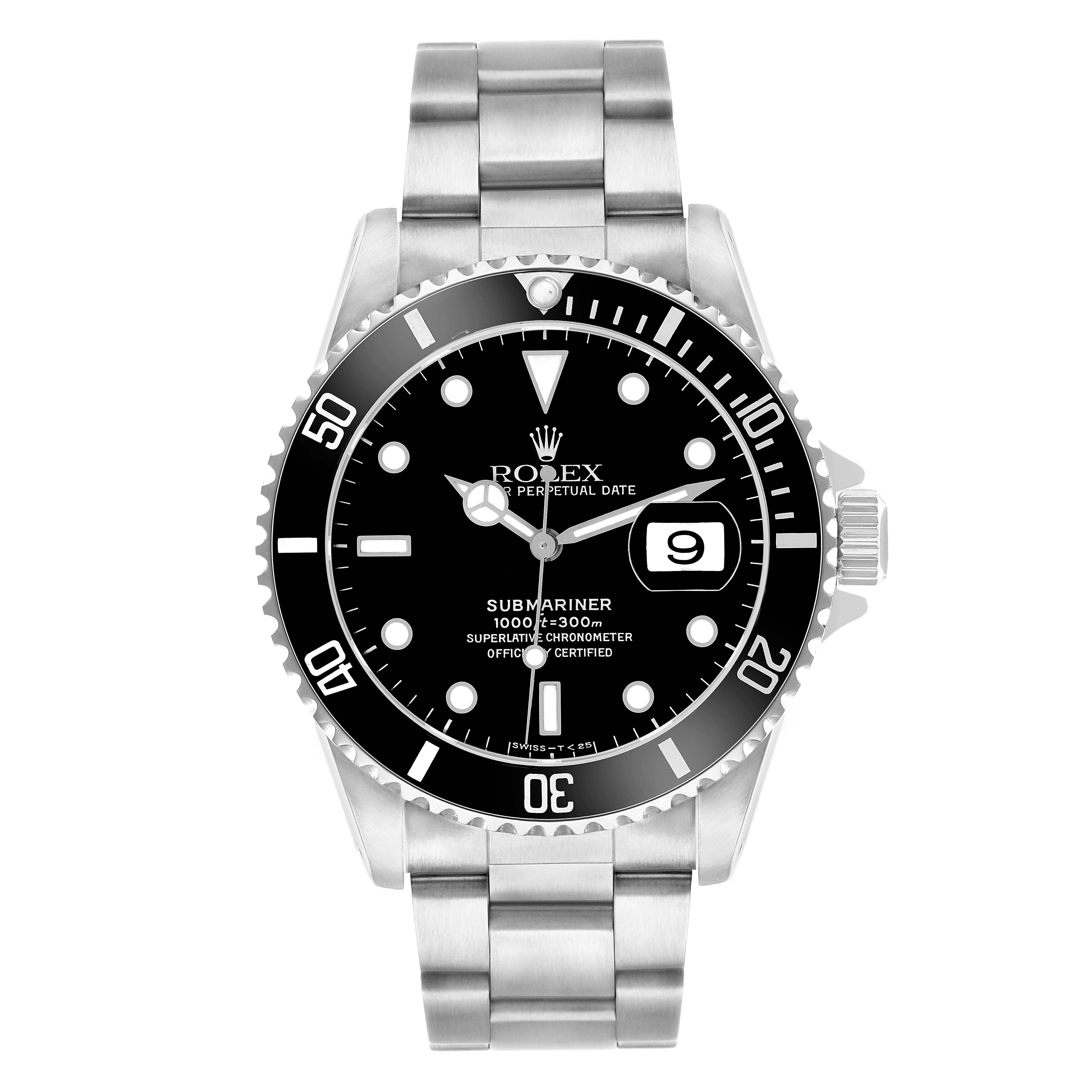 The Rolex Submariner 16610 Men's Stainless Steel Black Dial watch is shown from a top-down angle, displaying the face, bezel, and bracelet.