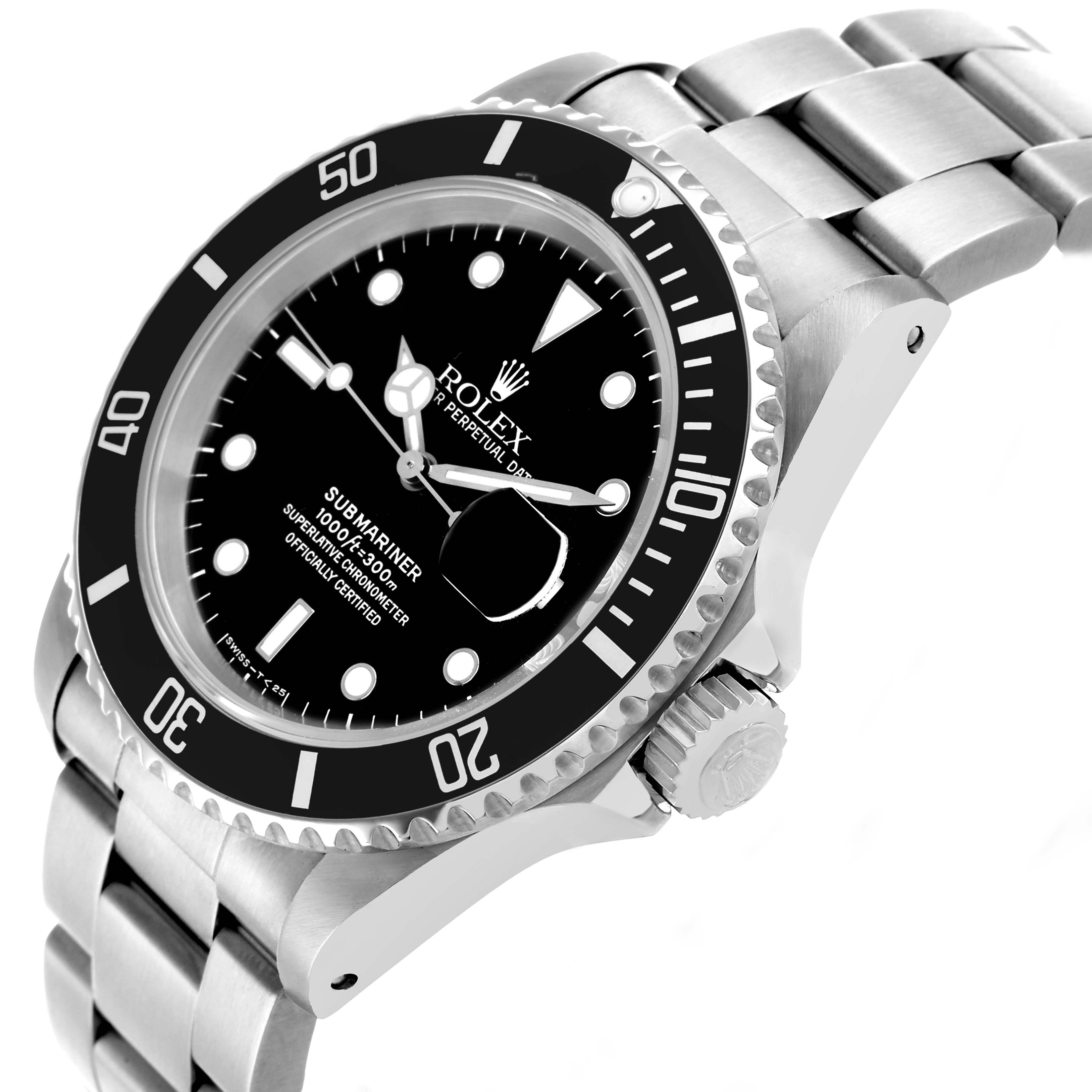 The Rolex Submariner 16610 Men's Stainless Steel Black Dial watch is shown at a three-quarter angle, highlighting the bezel, dial, bracelet, and crown.